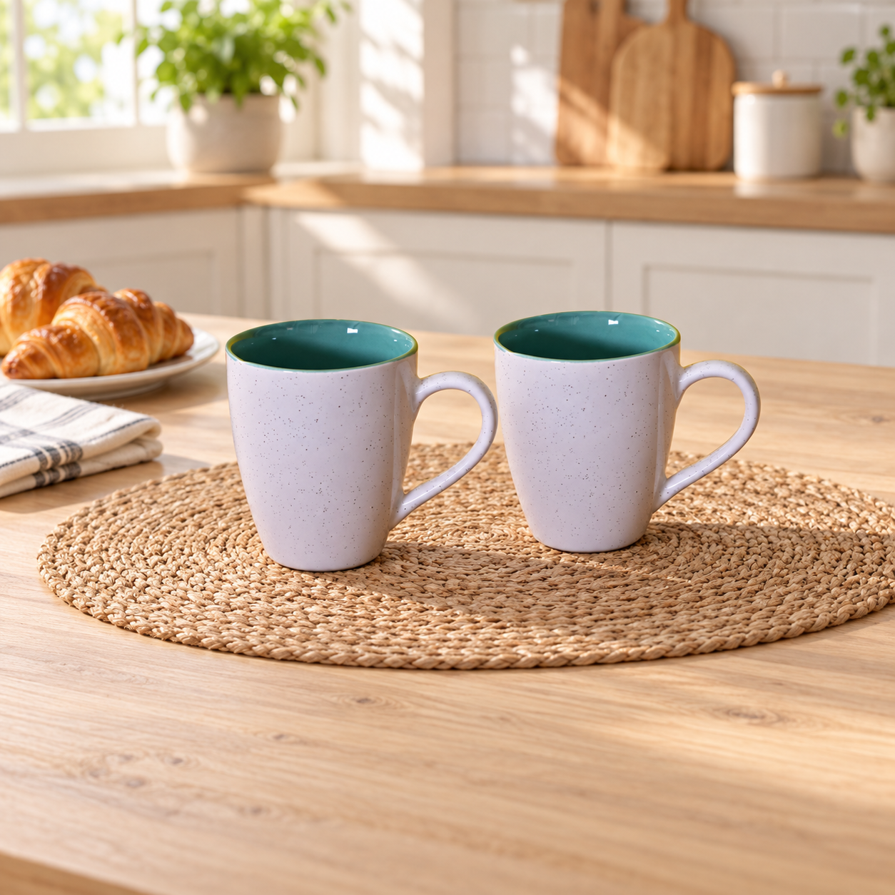 Kunhar Ceramic Milk Mug, Coffee Mug - 2 Pieces, White Hippie Blue, 350ml