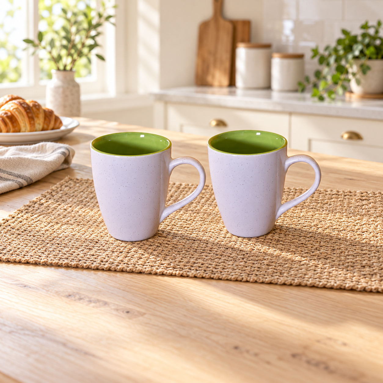 Kunhar Ceramic Milk Mug, Coffee Mug - 2 Pieces, White Light Olive Green, 350ml