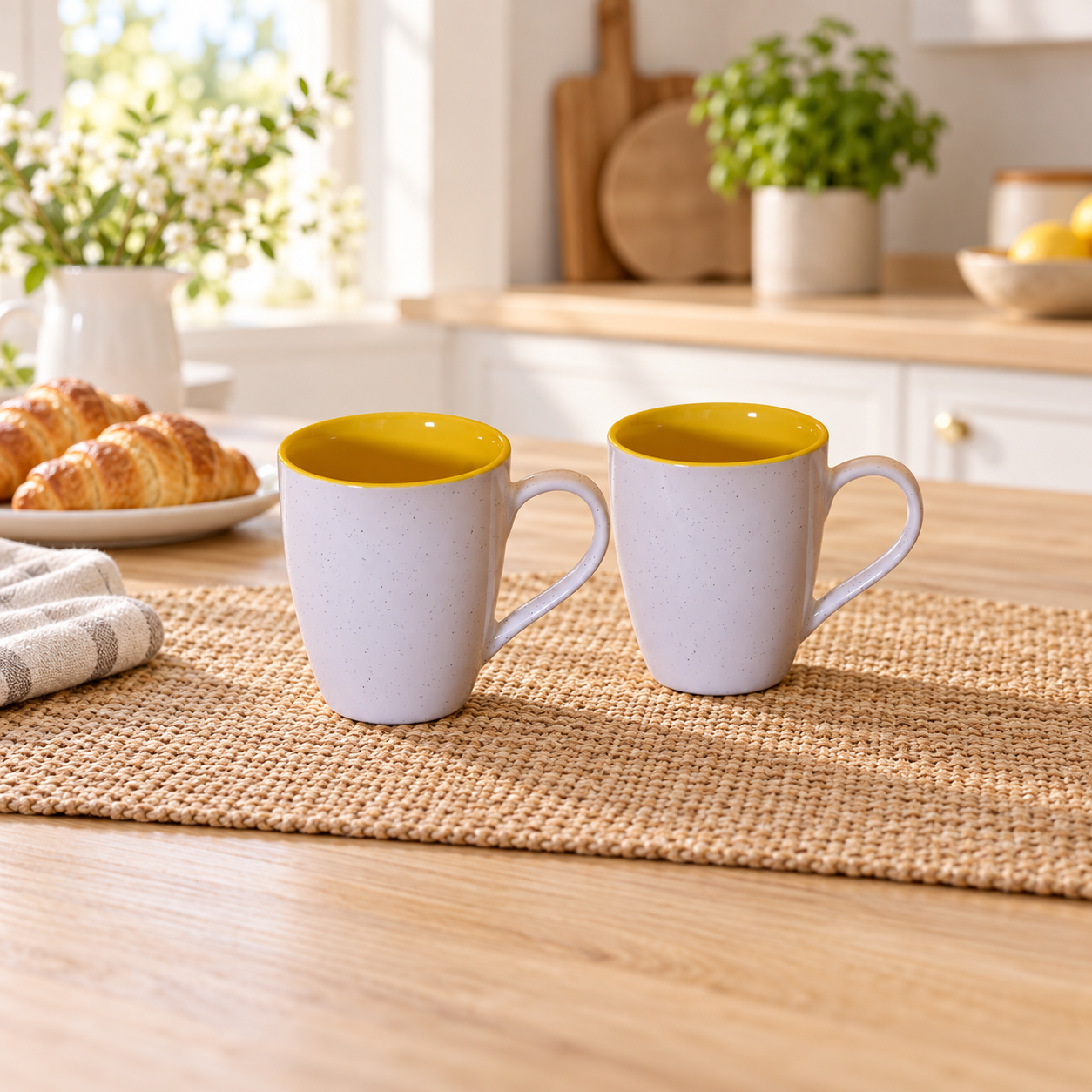 Kunhar Ceramic Milk Mug, Coffee Mug - 2 Pieces, White Yellow, 350ml