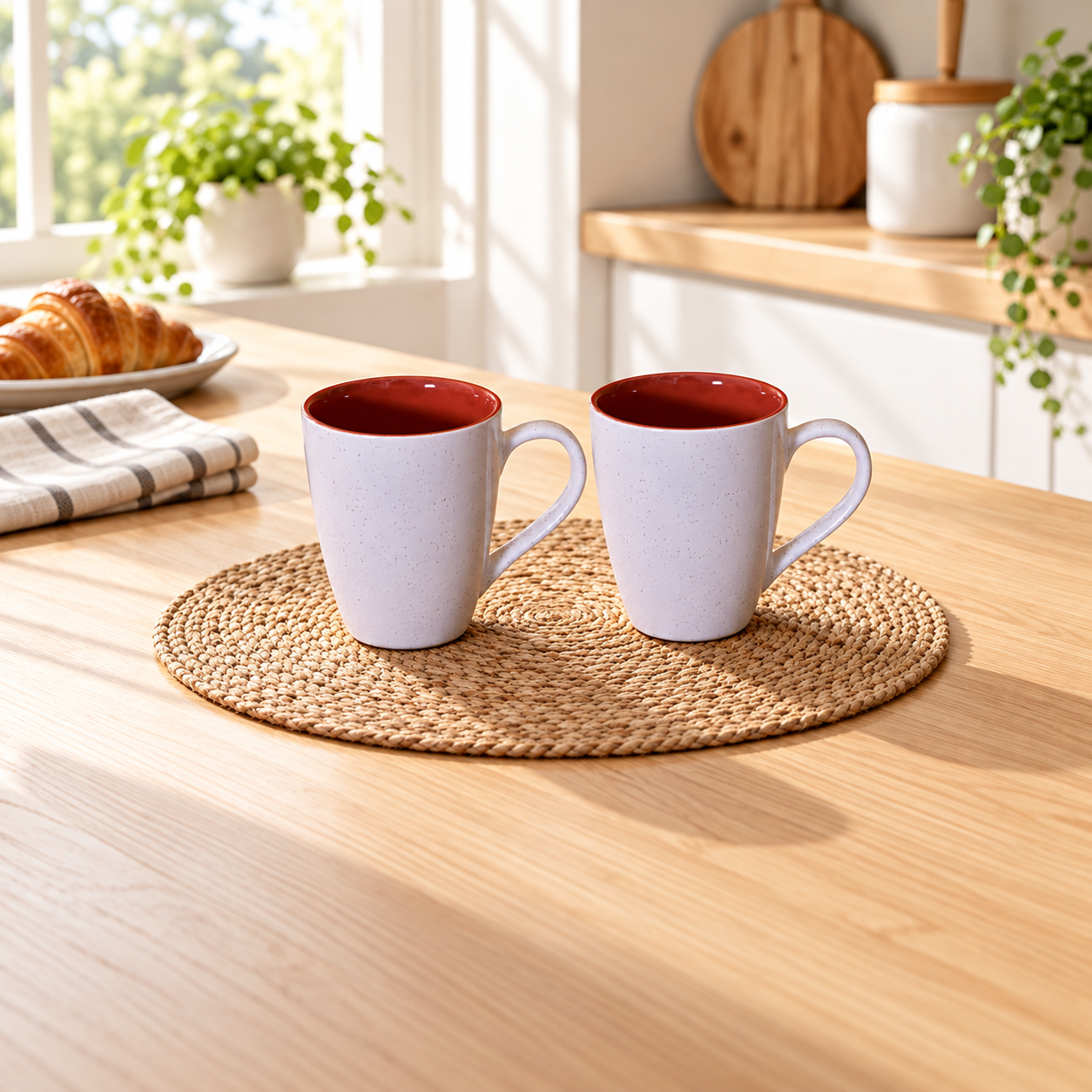 Kunhar Ceramic Milk Mug, Coffee Mug - 2 Pieces, White Falu Red, 350ml