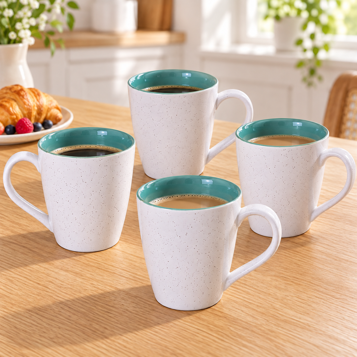 Kunhar Ceramic Milk Mug, Coffee Mug - 4 Pieces, White Hippie Blue, 350ml