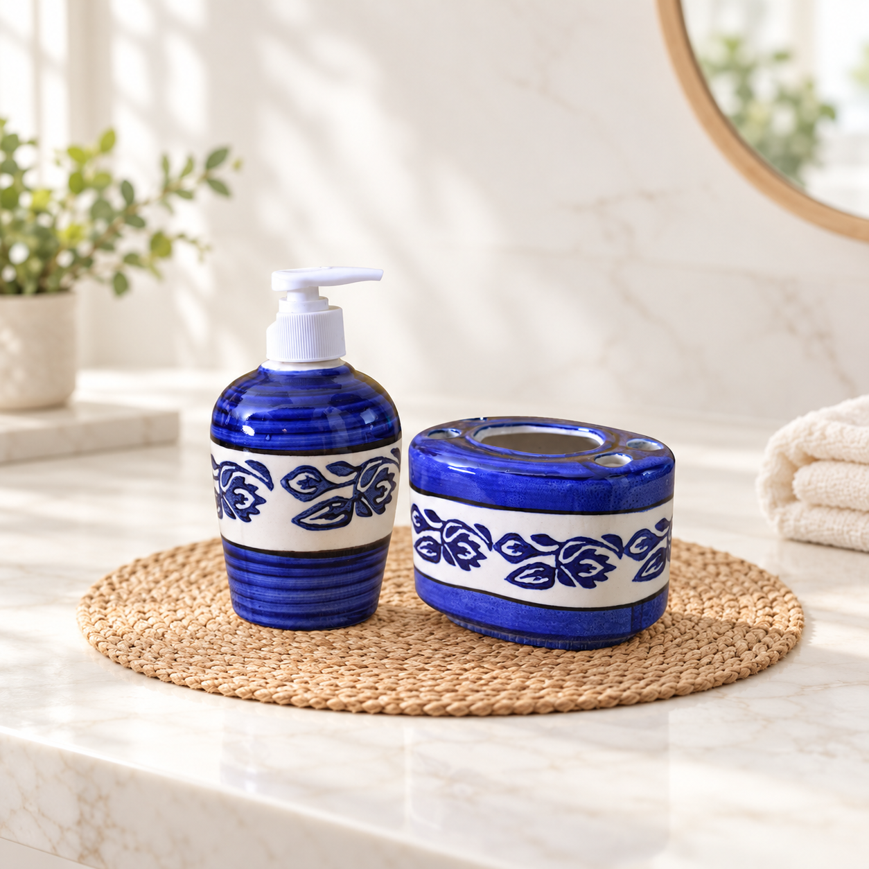 KunhaR Ceramic Bathroom Accessory Set Blue Liquid Soap Dispenser Toothbrush Holder