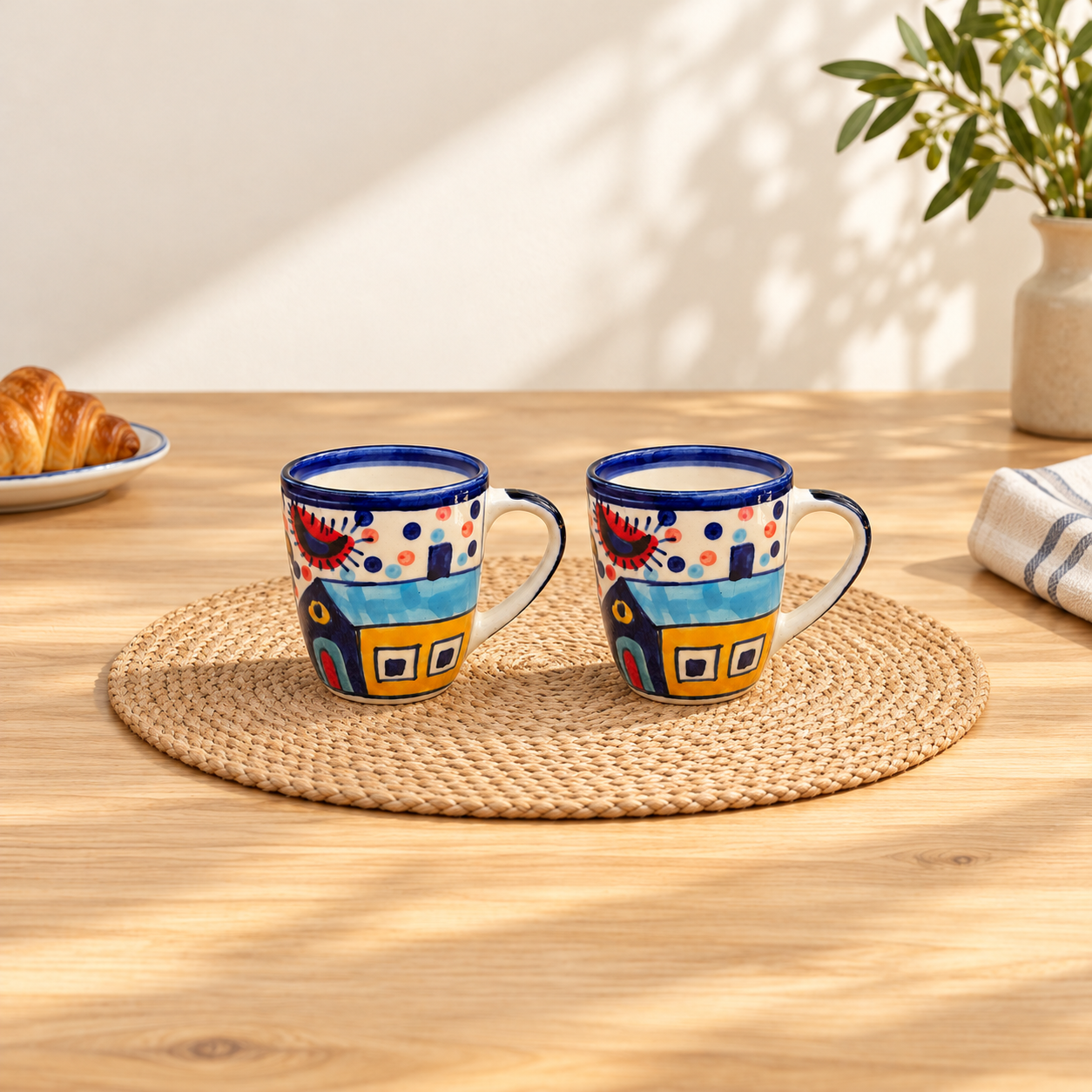 Kunhar Ceramic Hut Painting Coffee Mugs, Milk Mug - 220 Ml, 2 Pieces, Multicolor
