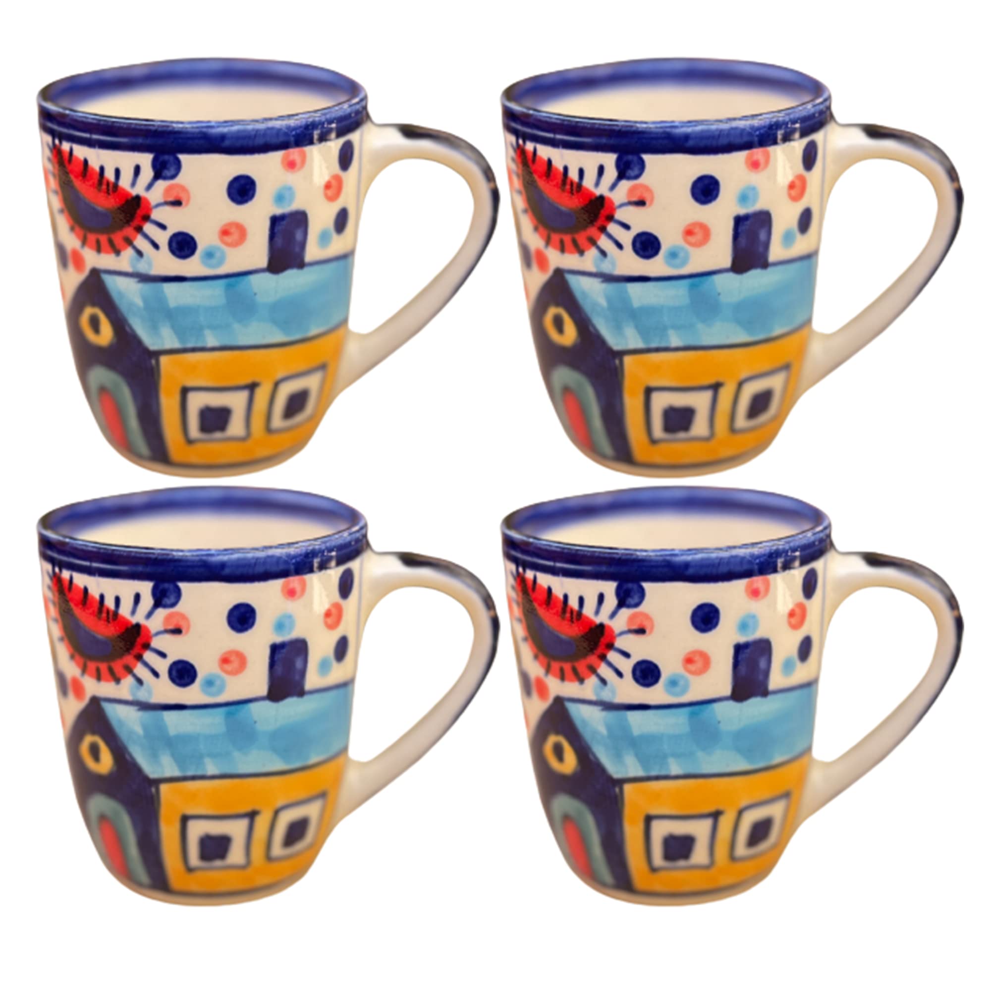 Kunhar Ceramic Hut Painting Coffee Mugs, Milk Mug - 220 Ml, 4 Pieces, Multicolor