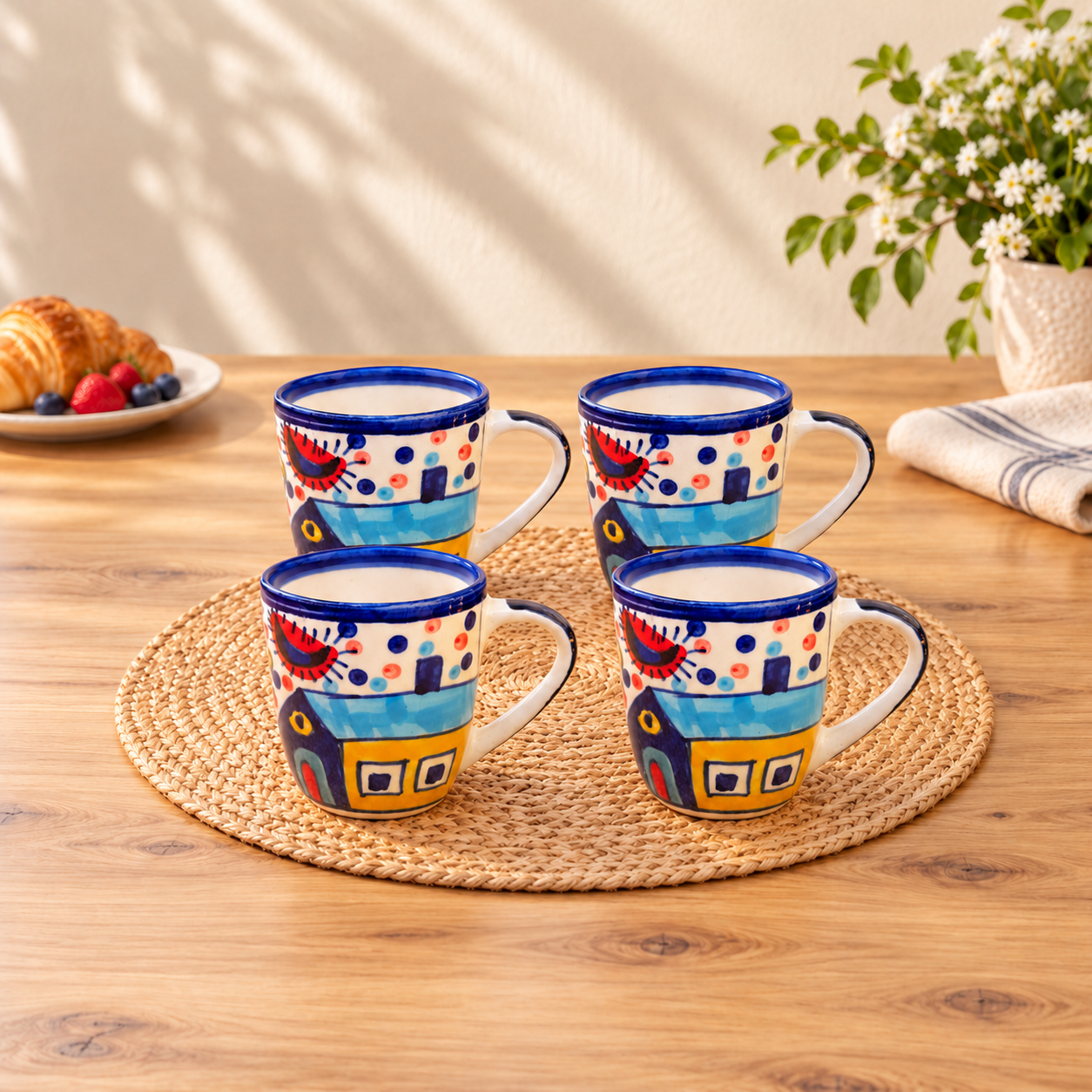 Kunhar Ceramic Hut Painting Coffee Mugs, Milk Mug - 220 Ml, 4 Pieces, Multicolor
