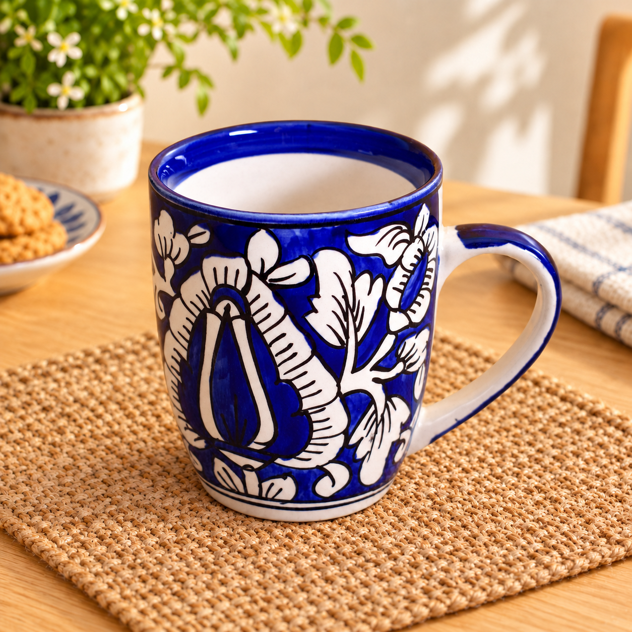 Kunhar Ceramic Milk Mug, Coffee Mug, Mughal Painting Mug - 1 Piece, Blue, 400 ml