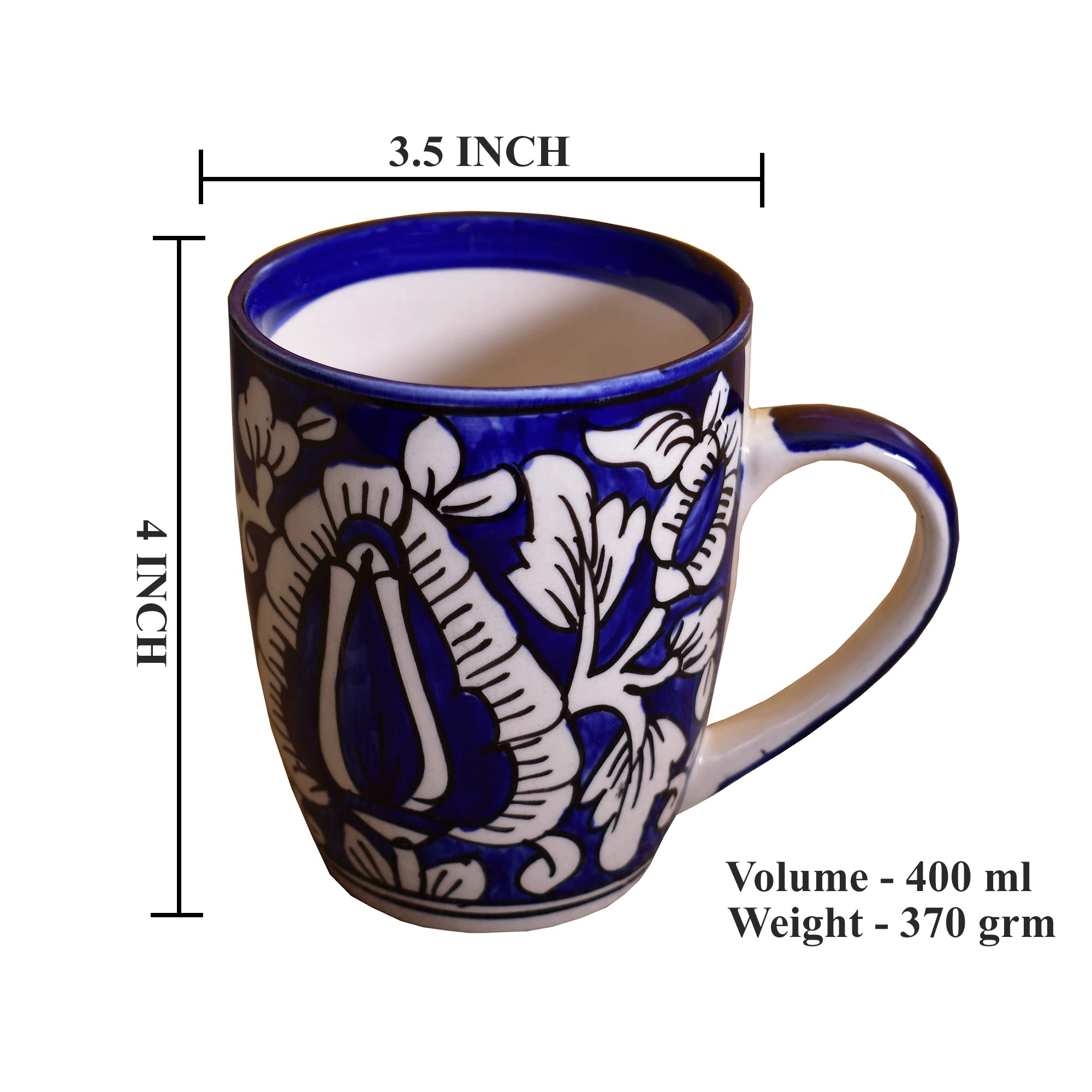 Kunhar Ceramic Milk Mug, Coffee Mug, Mughal Painting Mug - 4 Pieces, Blue, 400 ml - Image 2