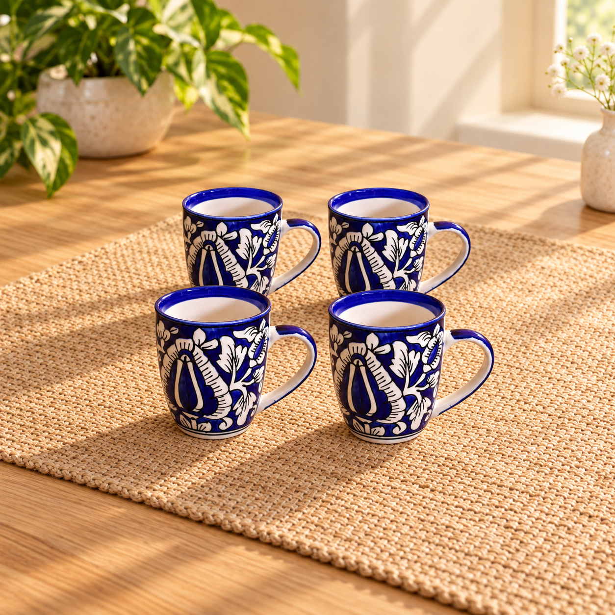 Kunhar Ceramic Milk Mug, Coffee Mug, Mughal Painting Mug - 4 Pieces, Blue, 400 ml