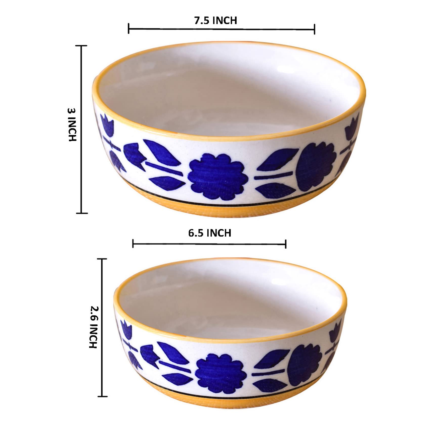 Kunhar Ceramic Mixing Bowls - 1500 ML and 800 ML, 2 Pieces, Yellow Blue - Image 2