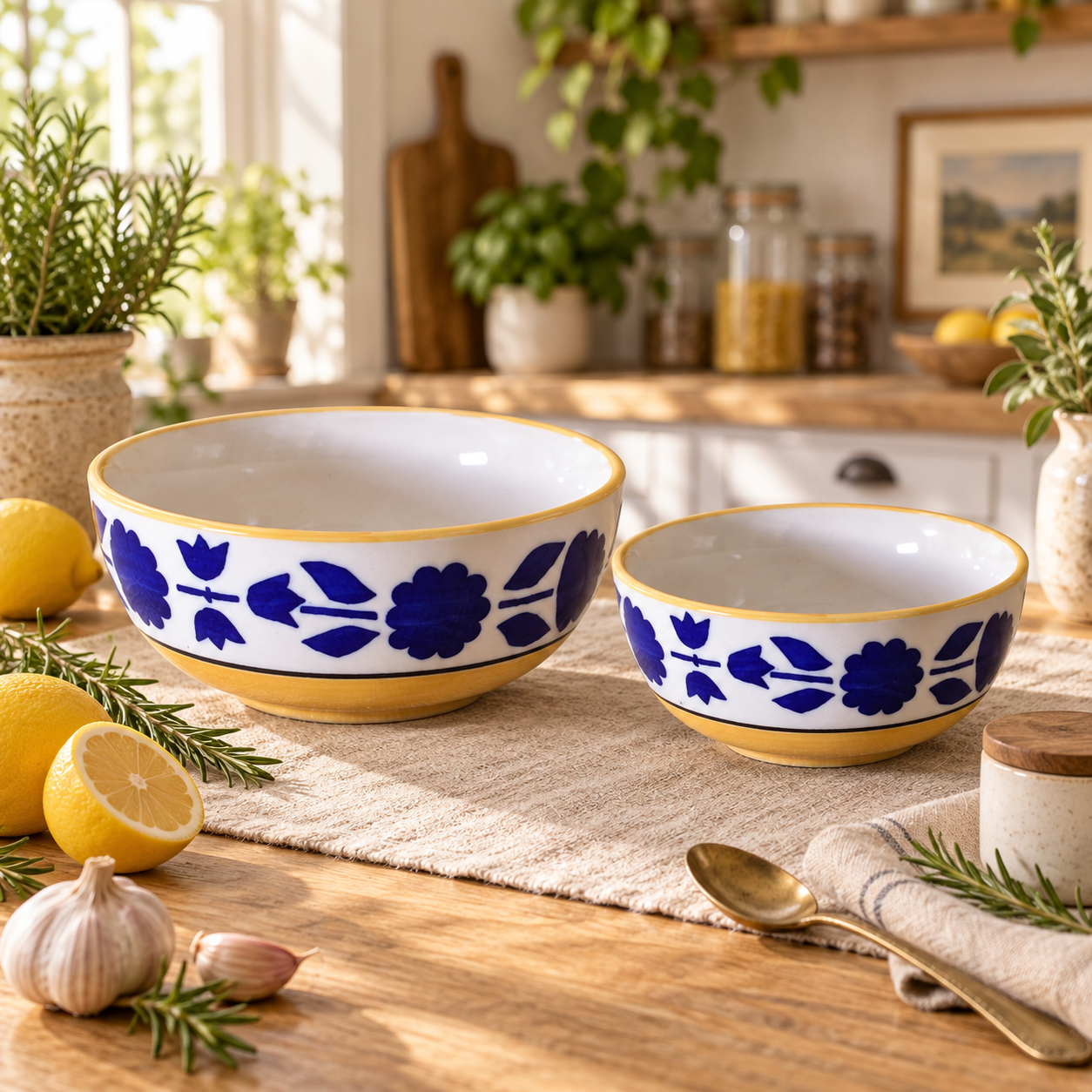 KunhaR Ceramic Mixing Bowl Set, 1500 ml & 800 ml, Yellow Blue | Set of 2 Nesting Bowls for Mixing, Serving, Salad, Pasta, Snacks & Kitchen Prep