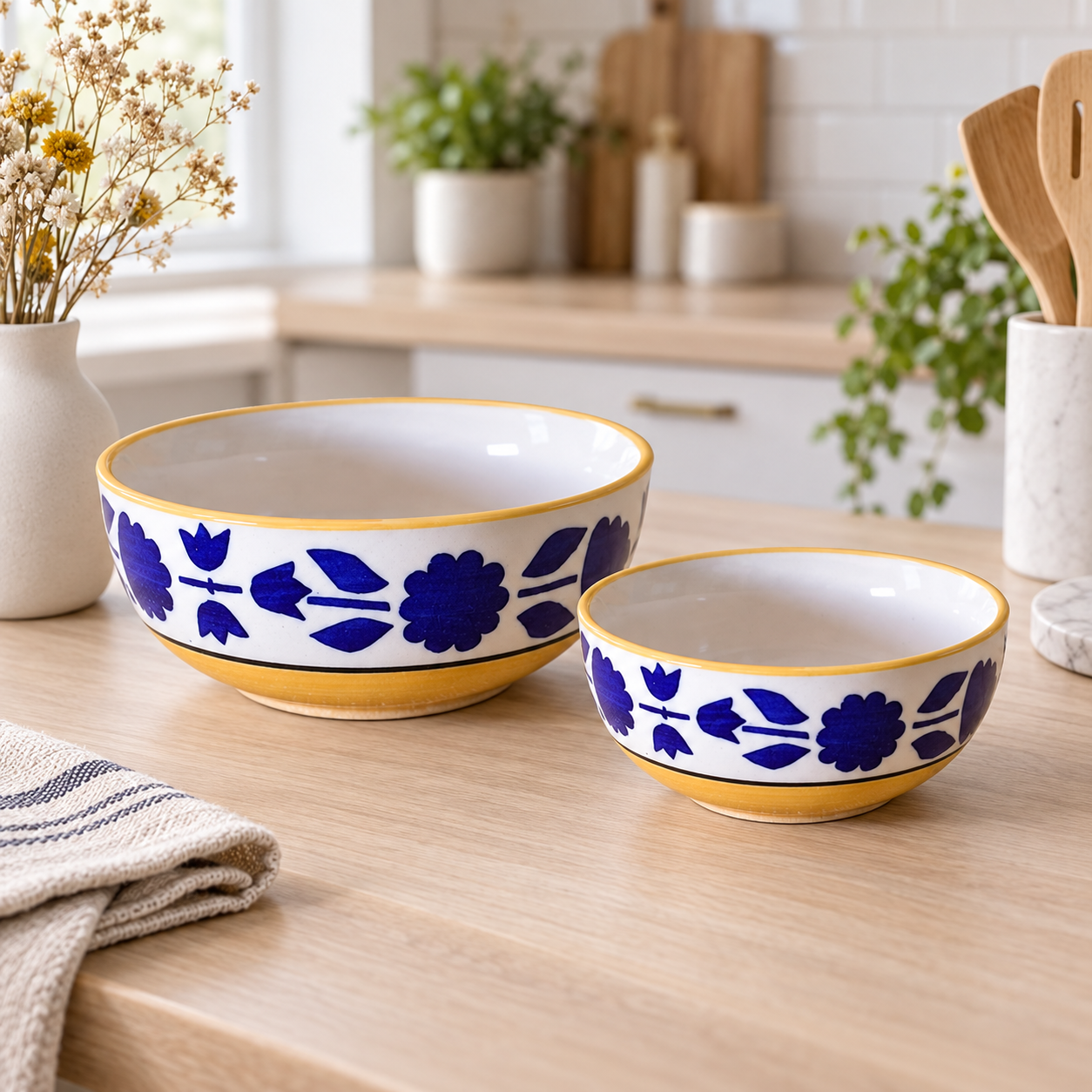 KunhaR Ceramic Mixing Bowl Set, 1500 ml & 800 ml, Yellow Blue | Set of 2 Nesting Bowls for Mixing, Serving, Salad, Pasta, Snacks & Kitchen Prep - Image 2