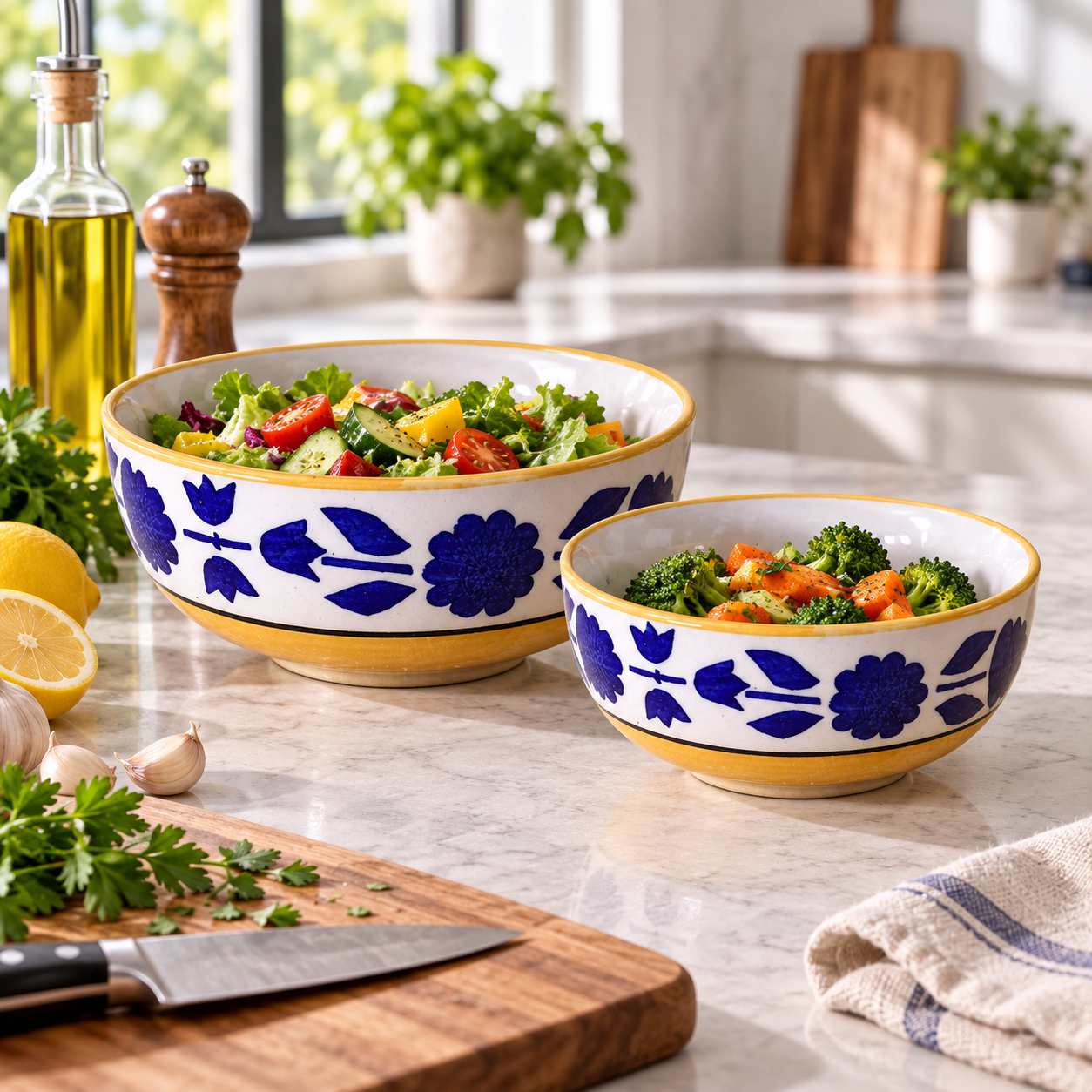 KunhaR Ceramic Mixing Bowl Set, 1500 ml & 800 ml, Yellow Blue | Set of 2 Nesting Bowls for Mixing, Serving, Salad, Pasta, Snacks & Kitchen Prep - Image 3