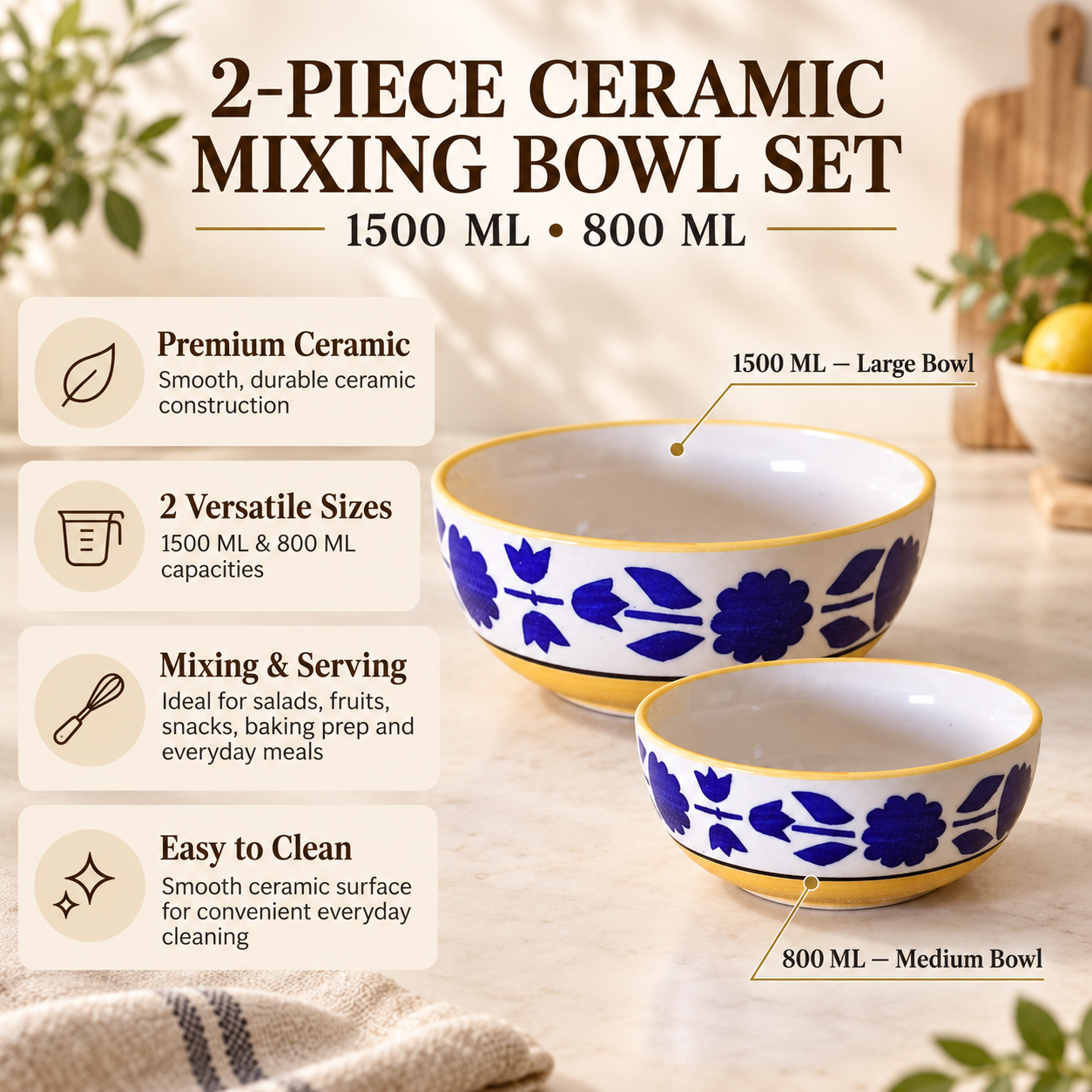 KunhaR Ceramic Mixing Bowl Set, 1500 ml & 800 ml, Yellow Blue | Set of 2 Nesting Bowls for Mixing, Serving, Salad, Pasta, Snacks & Kitchen Prep - Image 6