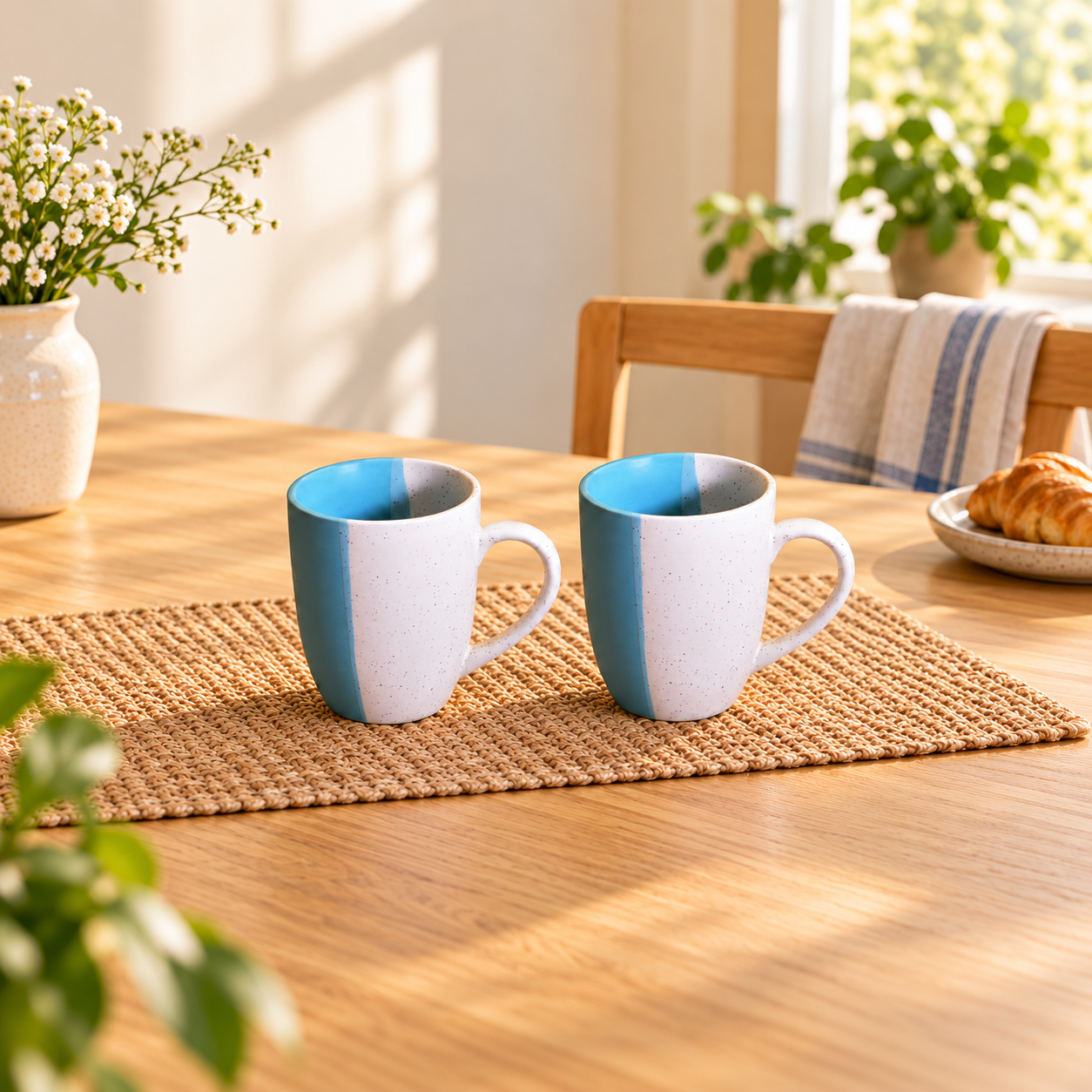 Kunhar Ceramic Milk Mug, Coffee Mug - 2 Pieces, White Dusty Blue, 350 ml