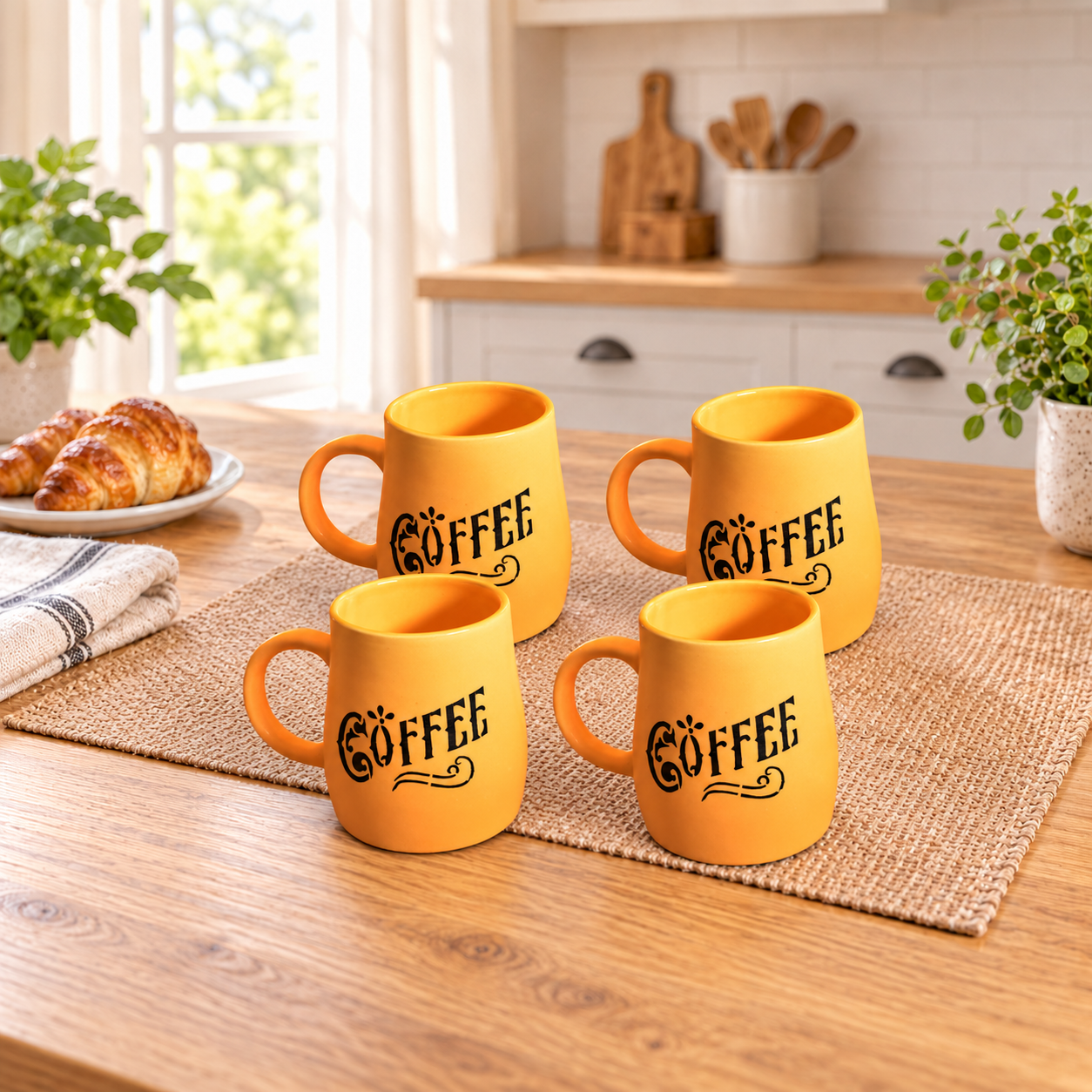 Kunhar Ceramic Milk Mug, Coffee Mug - 4 Pieces, Yellow, 400 ml