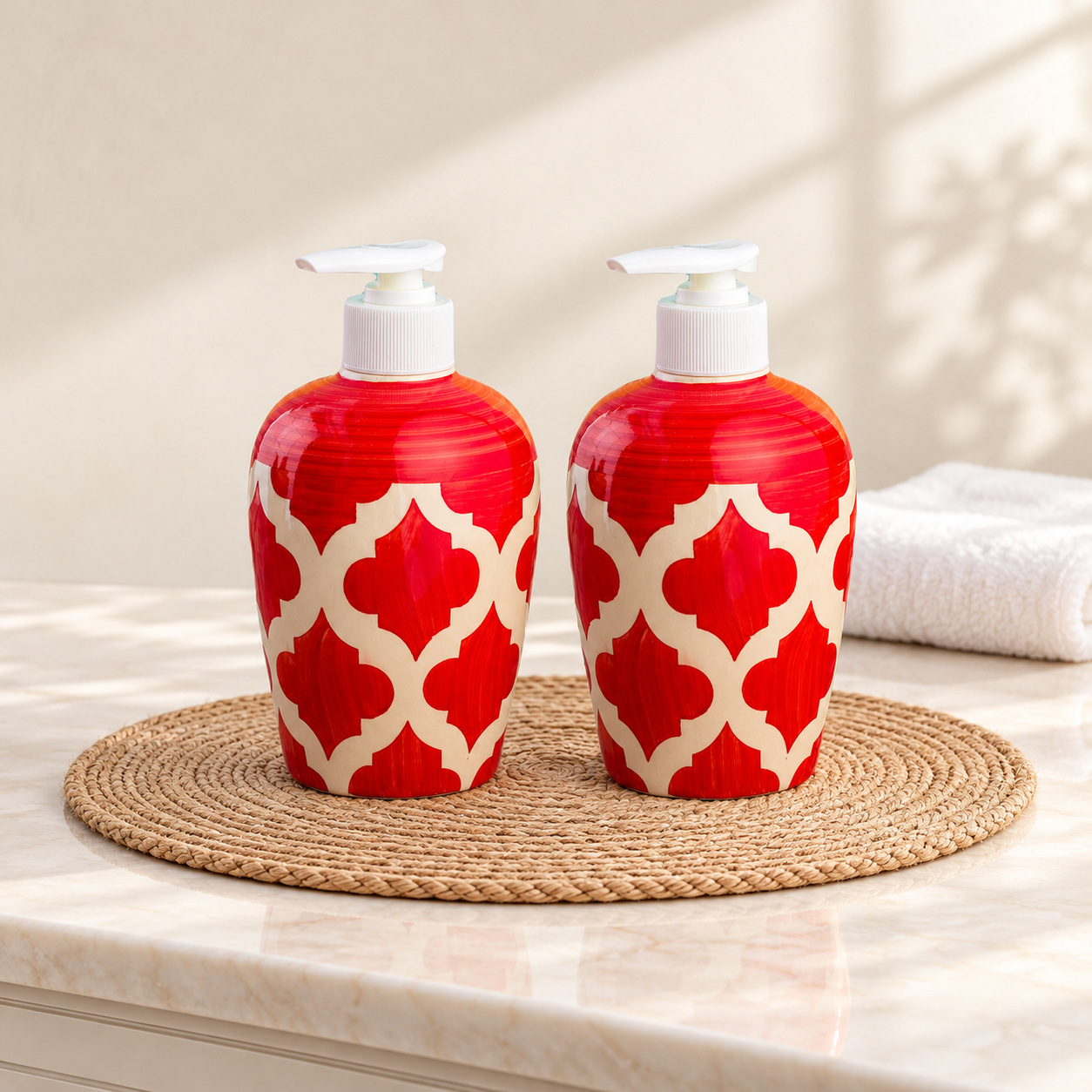 KunhaR Ceramic Liquid Soap Dispenser - Red Chidi, 450ml, 2 Pieces