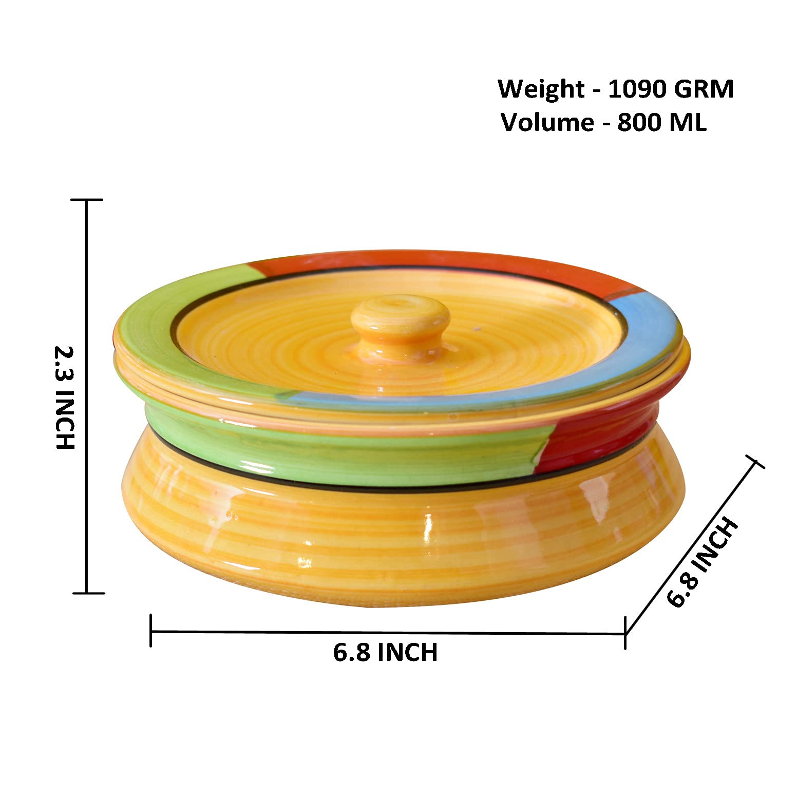 Kunhar Ceramic Donga with Lid, Ceramic Serving Casserole, 800 Ml, 1 Piece, Yellow (Size 2 Number) — product view 2