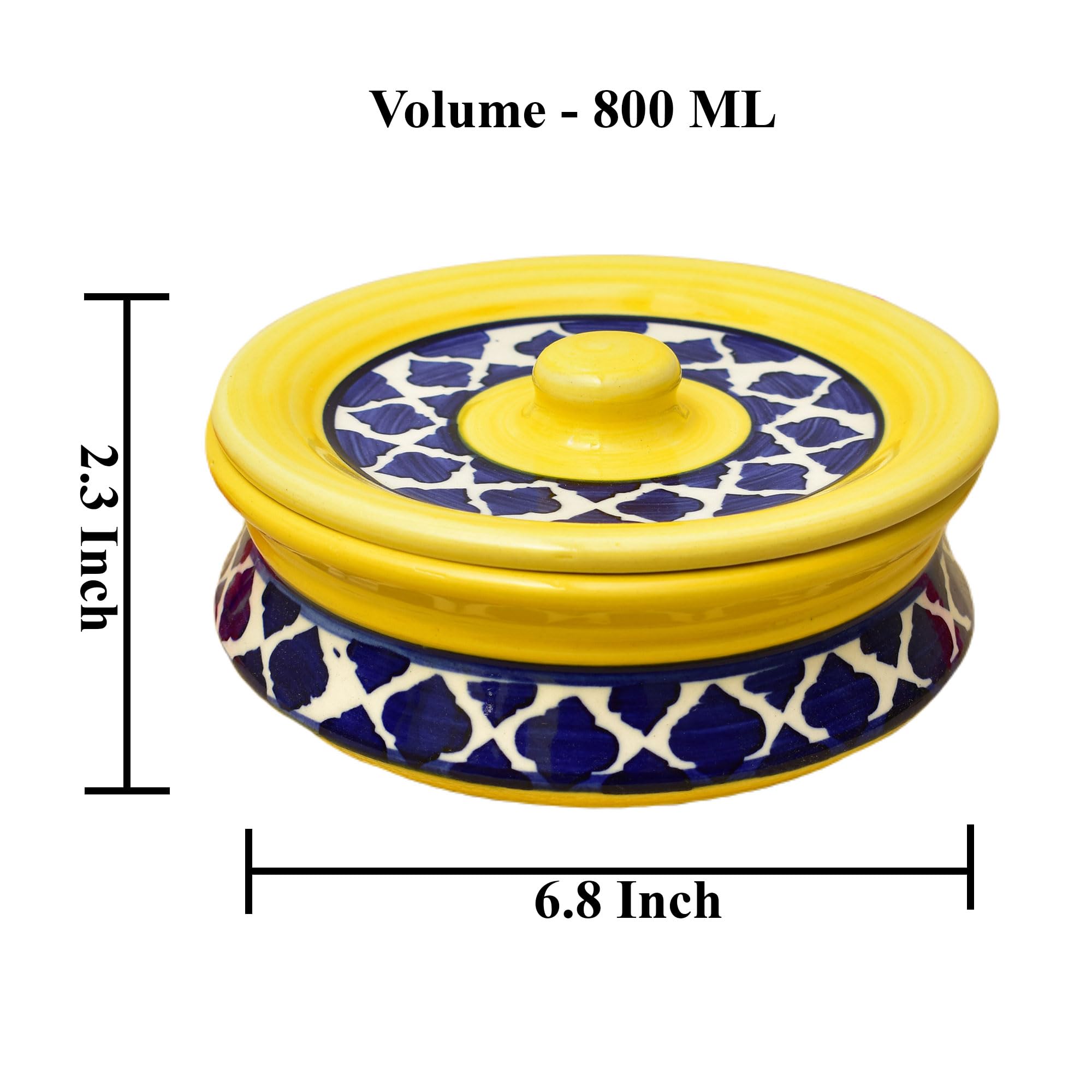 Kunhar Ceramic Donga with Lid, Ceramic Serving Casserole, 800 Ml, 1 Piece, Yellow Blue Chidi (Size 2 Number) - Image 2