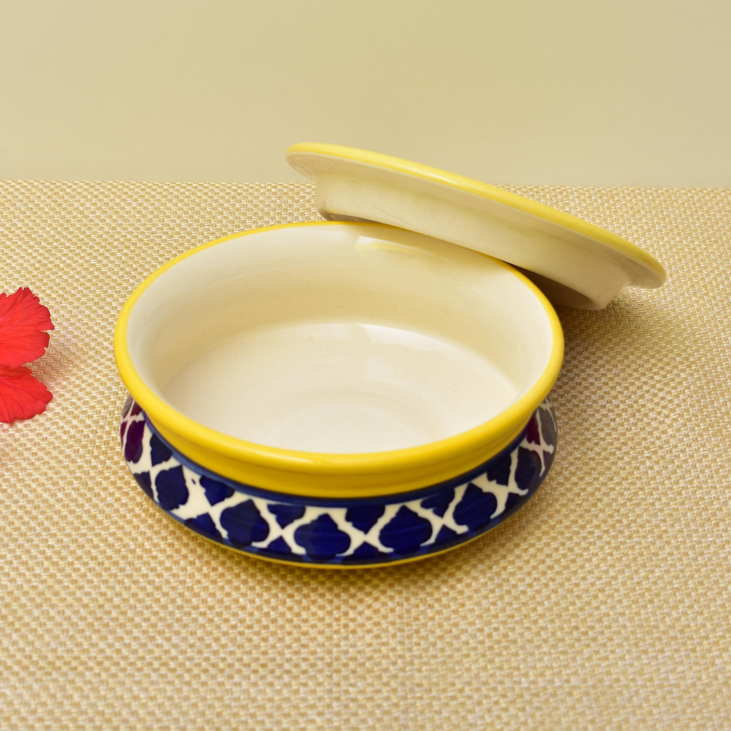 Kunhar Ceramic Donga with Lid, Ceramic Serving Casserole, 800 Ml, 1 Piece, Yellow Blue Chidi (Size 2 Number) - Image 3