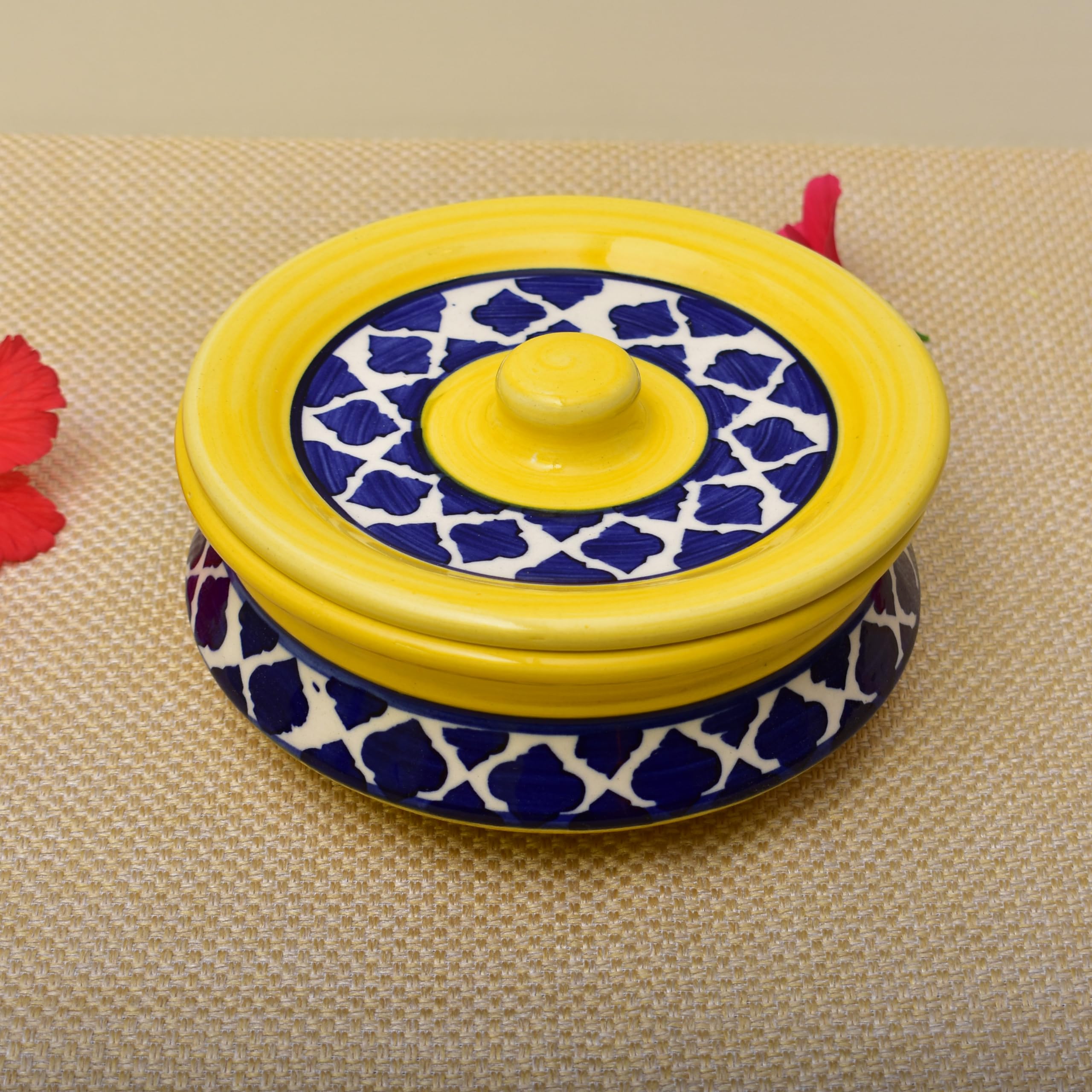 Kunhar Ceramic Donga with Lid, Ceramic Serving Casserole, 800 Ml, 1 Piece, Yellow Blue Chidi (Size 2 Number) - Image 4