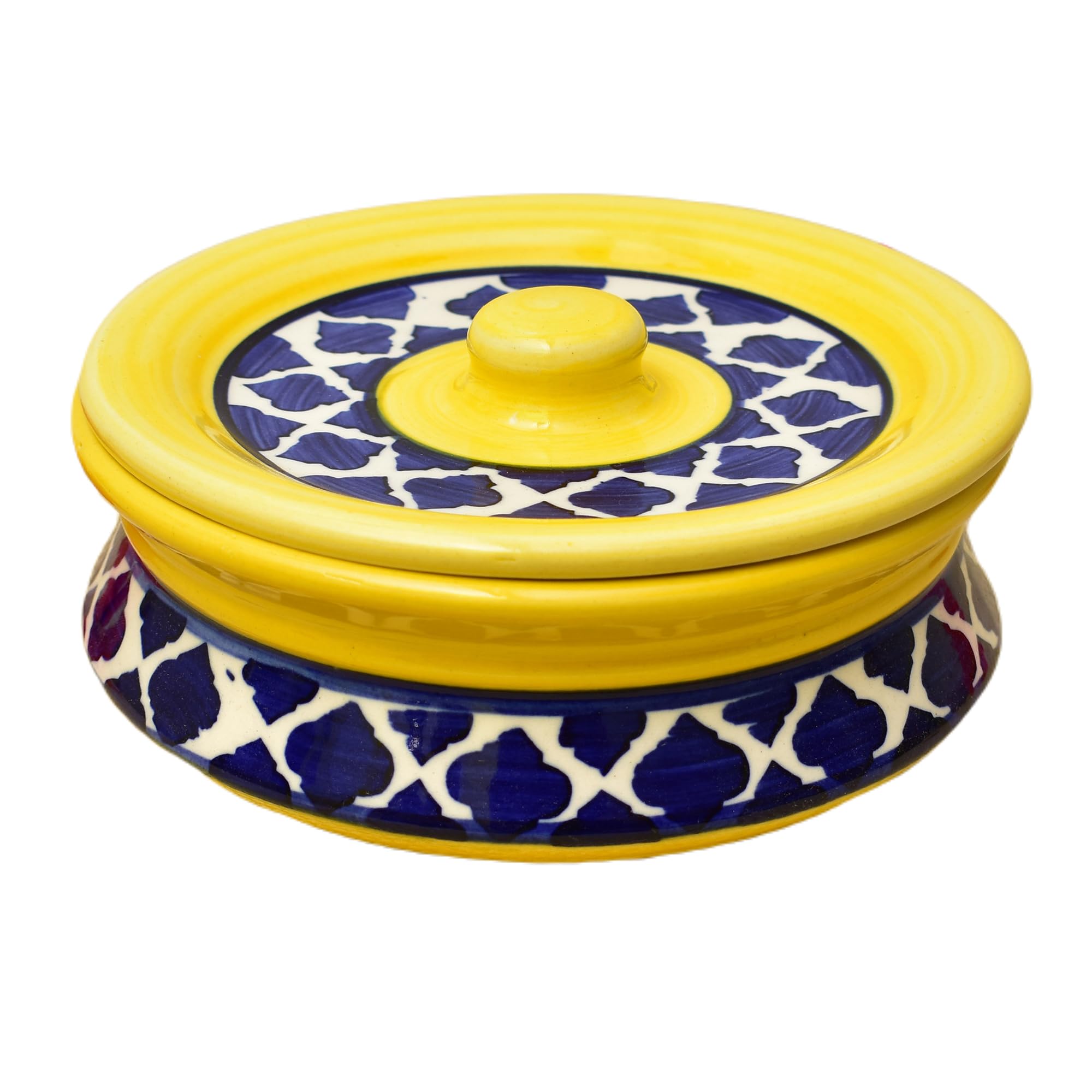 Kunhar Ceramic Donga with Lid, Ceramic Serving Casserole, 800 Ml, 1 Piece, Yellow Blue Chidi (Size 2 Number) - Image 5