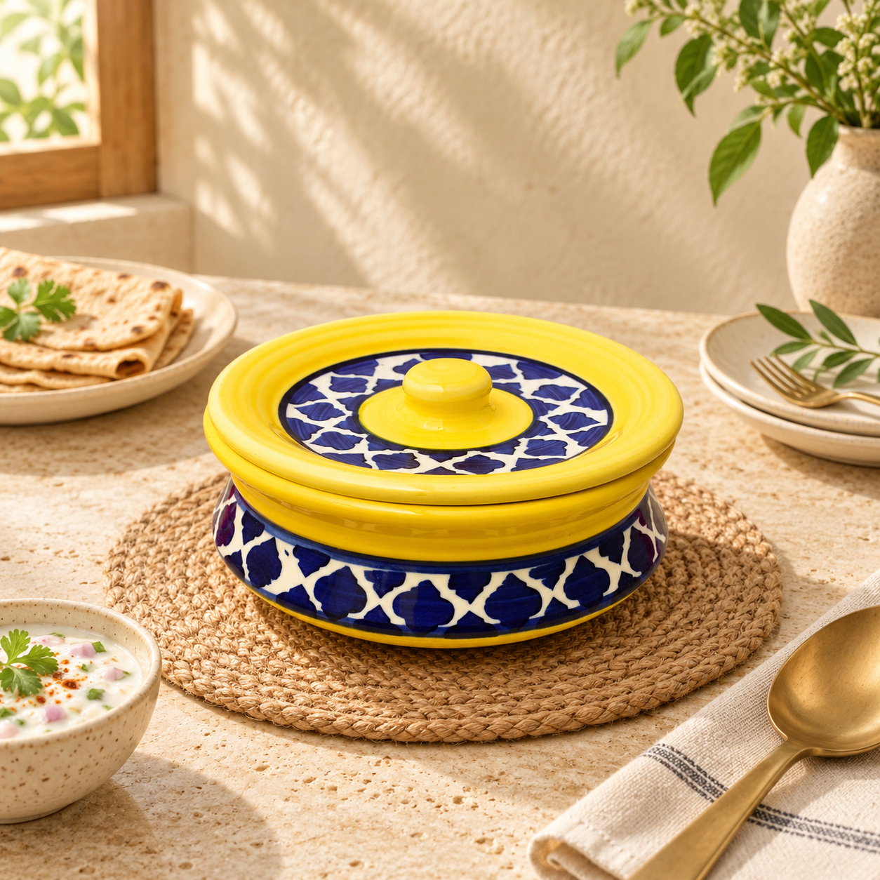 Kunhar Ceramic Donga with Lid, Ceramic Serving Casserole, 800 Ml, 1 Piece, Yellow Blue Chidi (Size 2 Number)