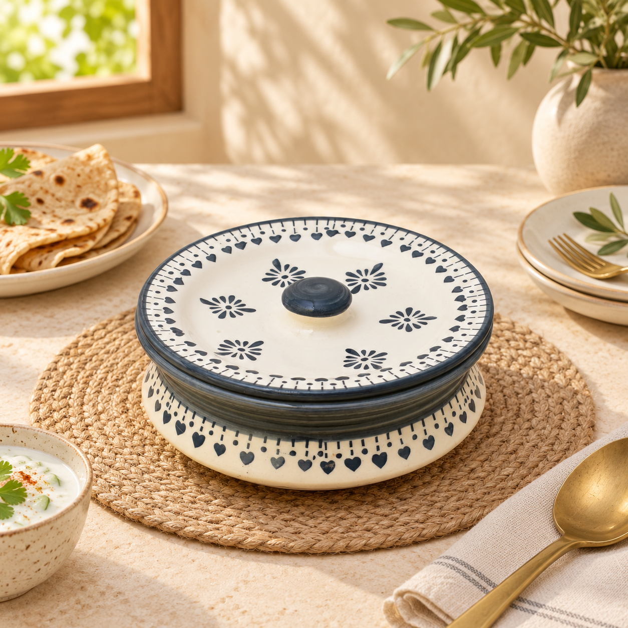 Kunhar Ceramic Serving Donga with Lid 800ML White Grey Flower – Durable Kitchen Casserole 1 Piece Size 2