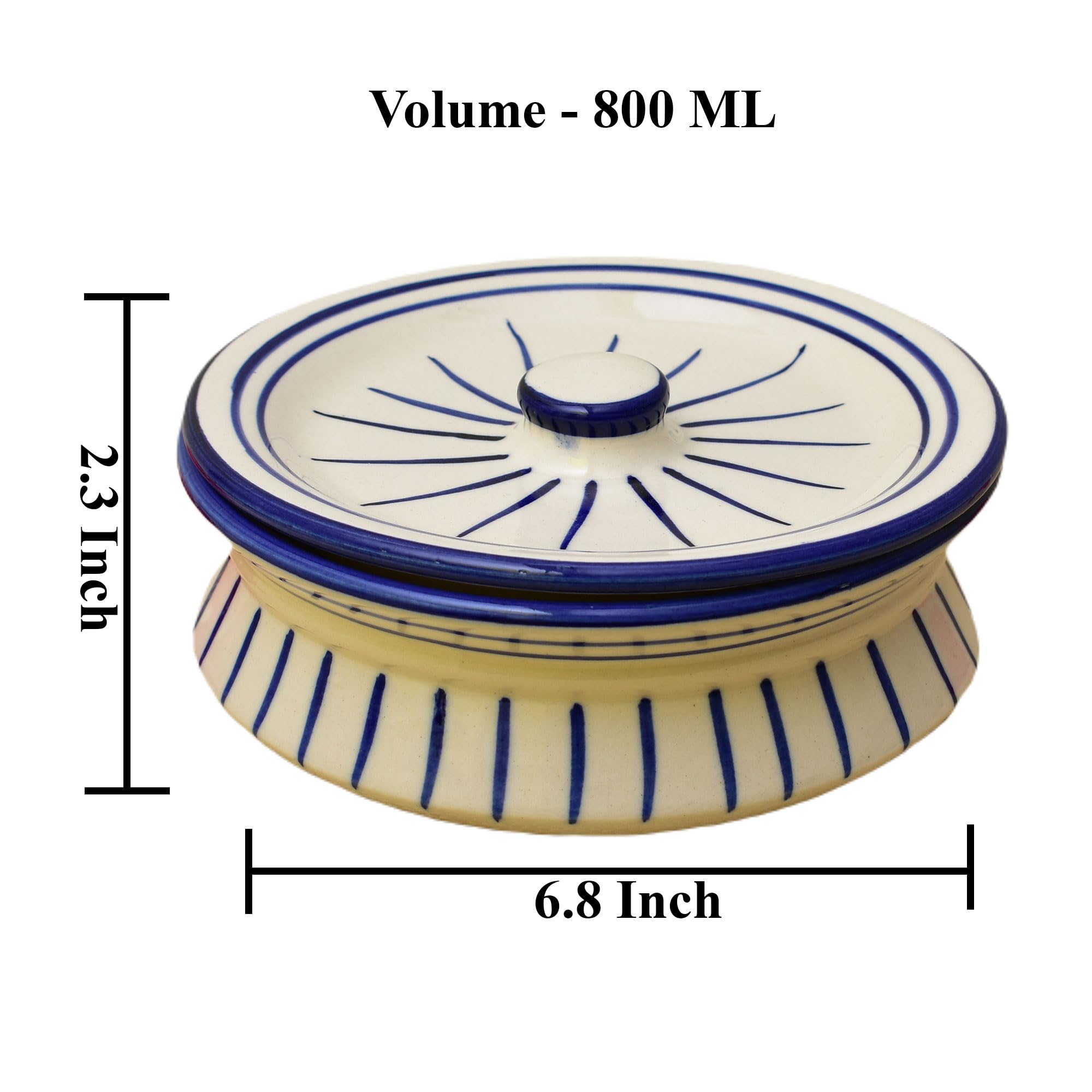 Kunhar Ceramic Donga with Lid, Ceramic Serving Casserole, 800 Ml, 1 Piece, White Green Line (Size 2 Number) - Image 2