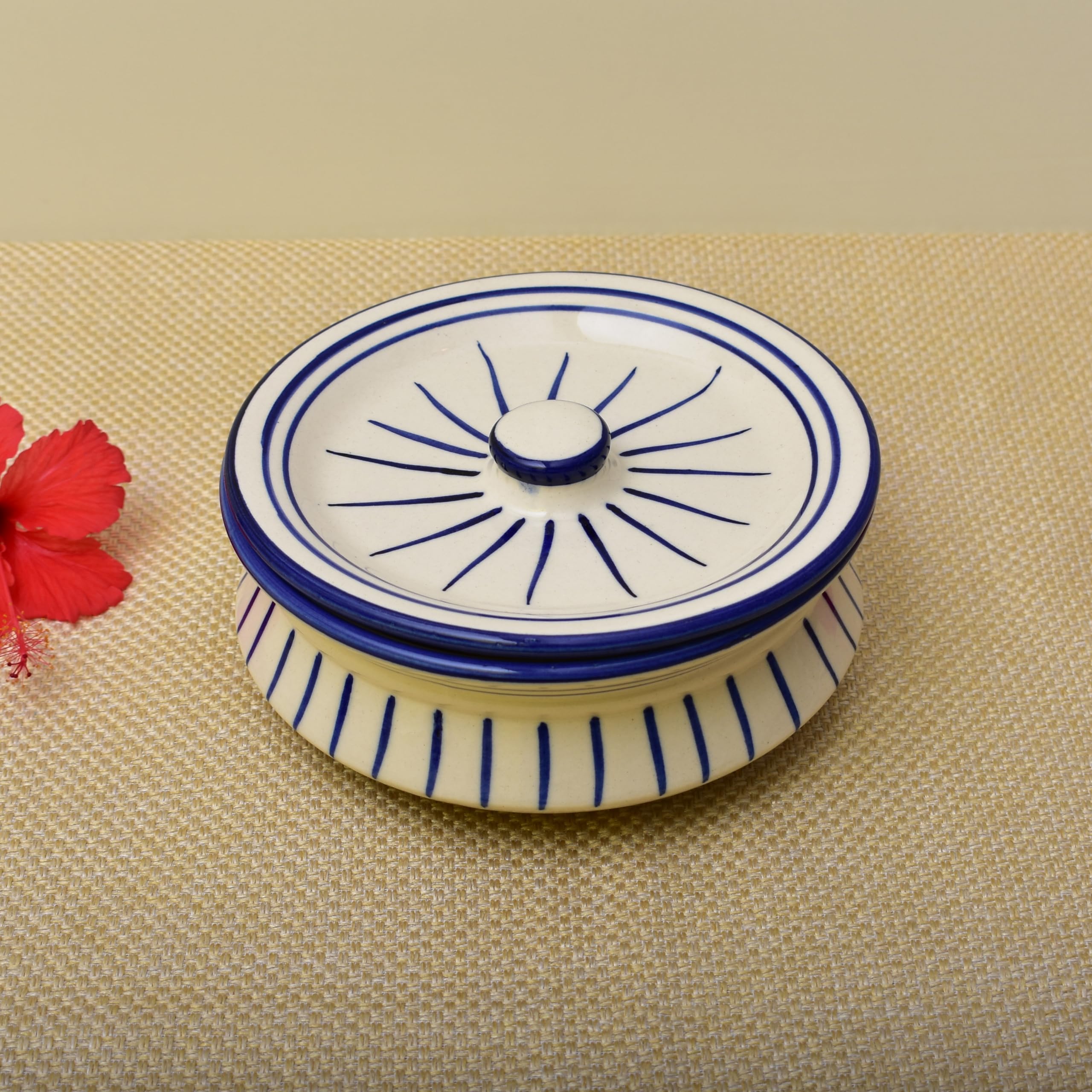 Kunhar Ceramic Donga with Lid, Ceramic Serving Casserole, 800 Ml, 1 Piece, White Green Line (Size 2 Number) - Image 3