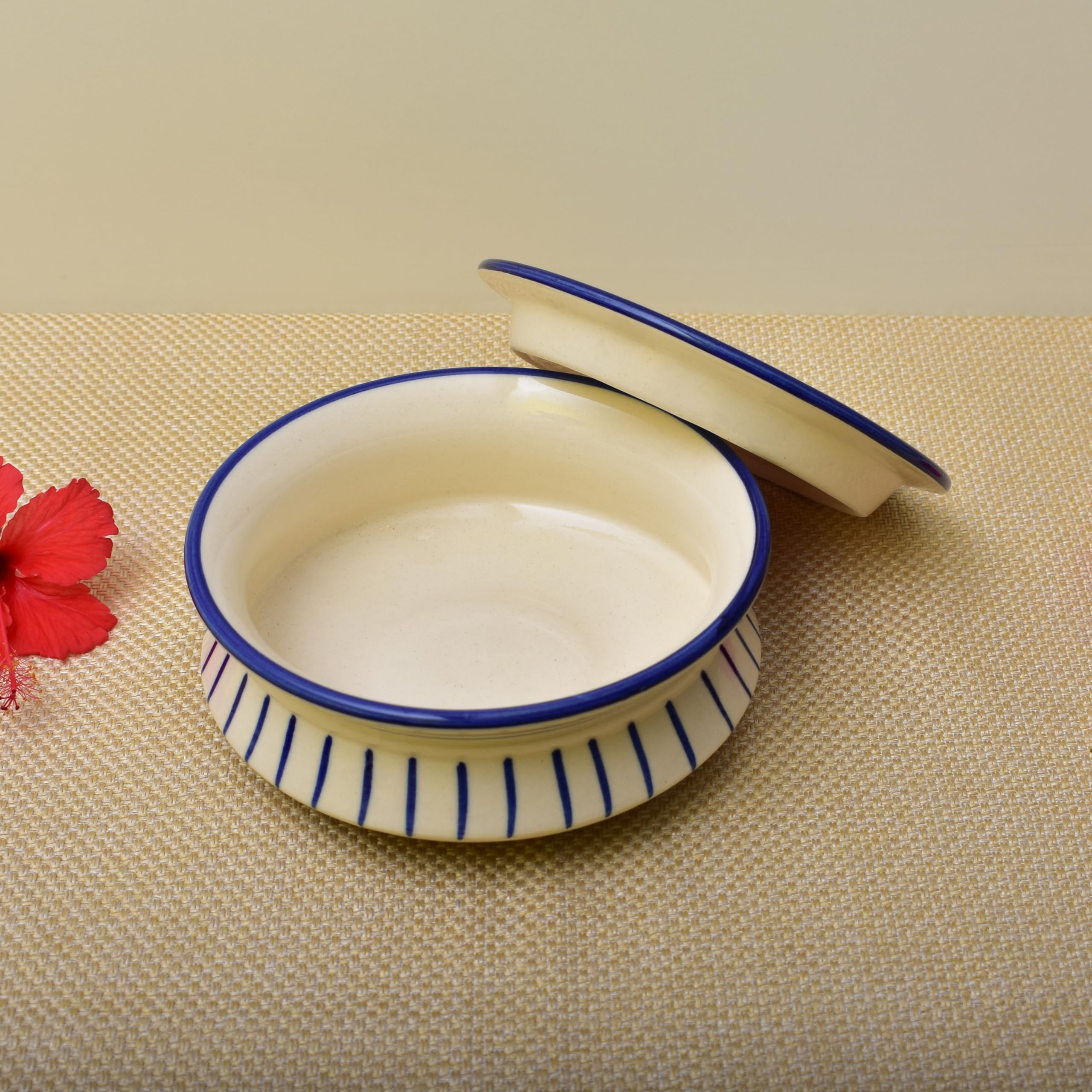 Kunhar Ceramic Donga with Lid, Ceramic Serving Casserole, 800 Ml, 1 Piece, White Green Line (Size 2 Number) - Image 4