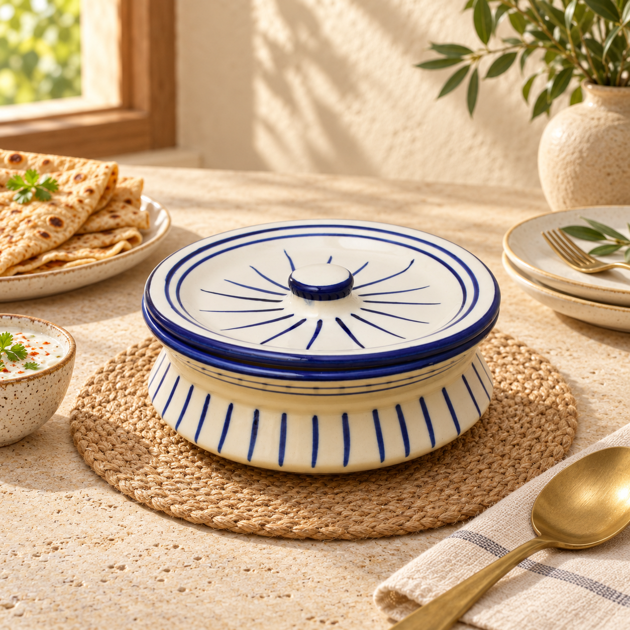Kunhar Ceramic Donga with Lid, Ceramic Serving Casserole, 800 Ml, 1 Piece, White Green Line (Size 2 Number)
