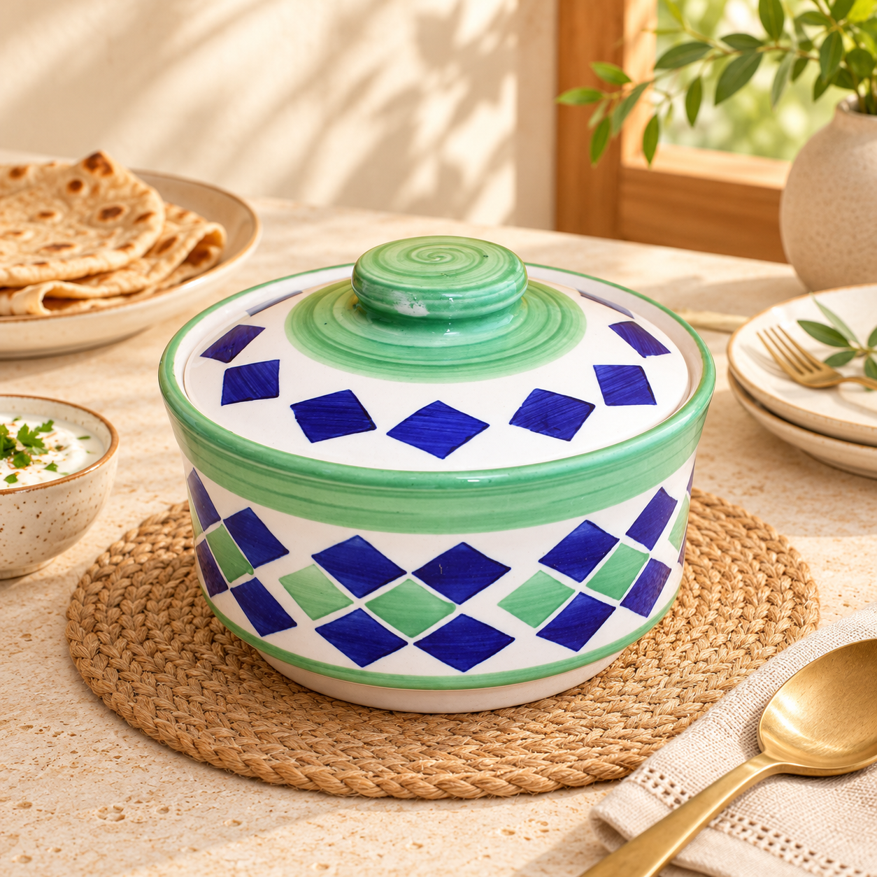 Kunhar Ceramic Donga With Lid, Ceramic Serving Donga, 1000 Ml, 1 Piece, Blue Green