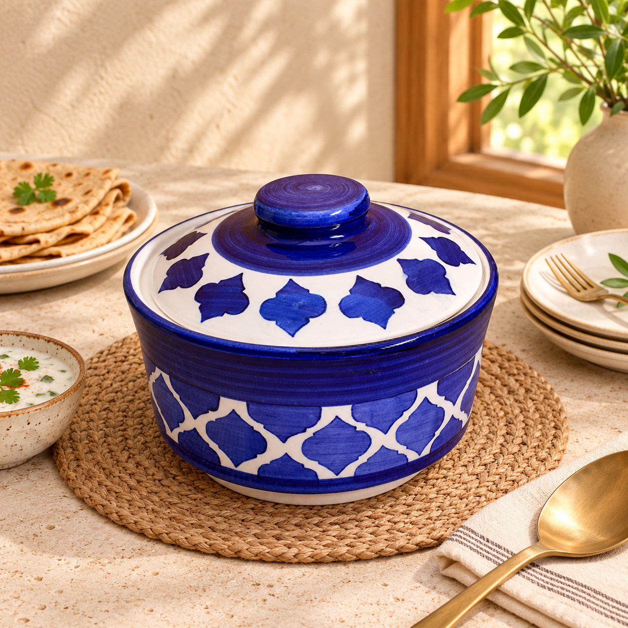 Kunhar Ceramic Donga With Lid, Ceramic Serving Donga, 1000 Ml, 1 Piece, Blue Chidi