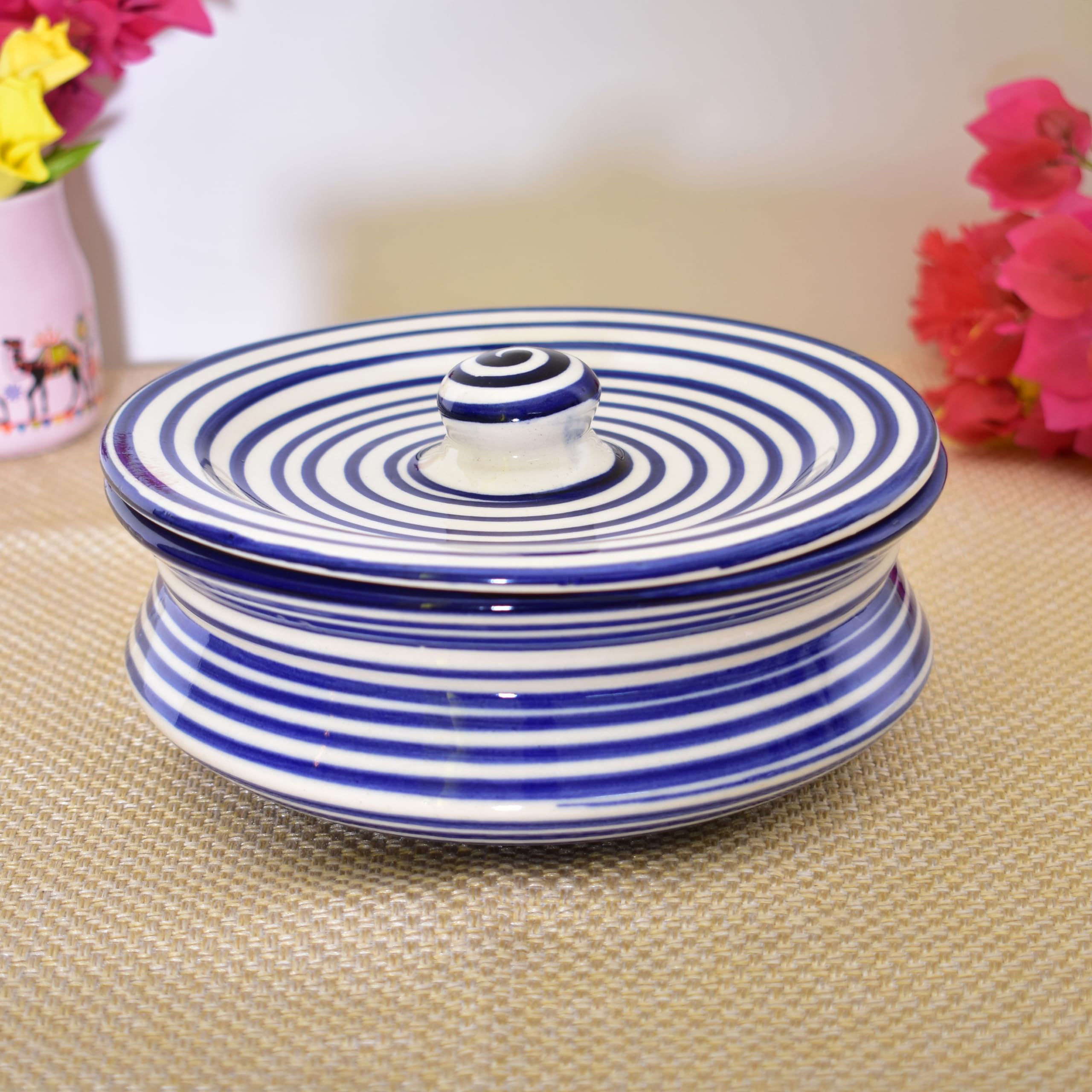 Kunhar Ceramic Donga with Lid, Ceramic Serving Casserole, 1100 Ml, 1 Piece, Blue Ring Line (Size 1 Number)