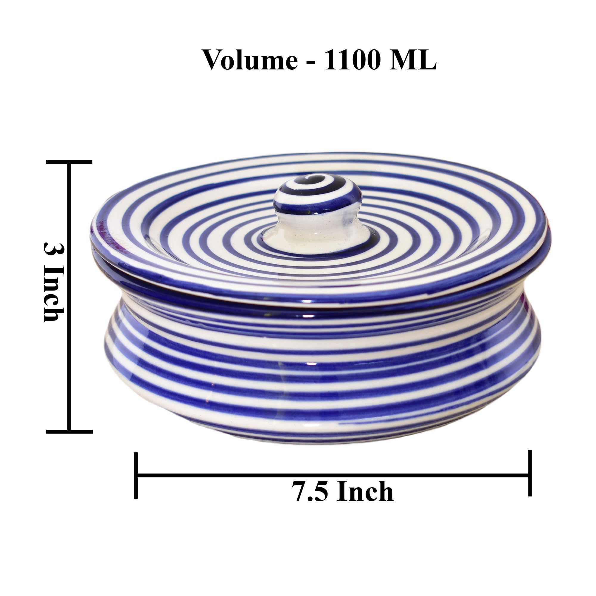 Kunhar Ceramic Donga with Lid, Ceramic Serving Casserole, 1100 Ml, 1 Piece, Blue Ring Line (Size 1 Number) - Image 2