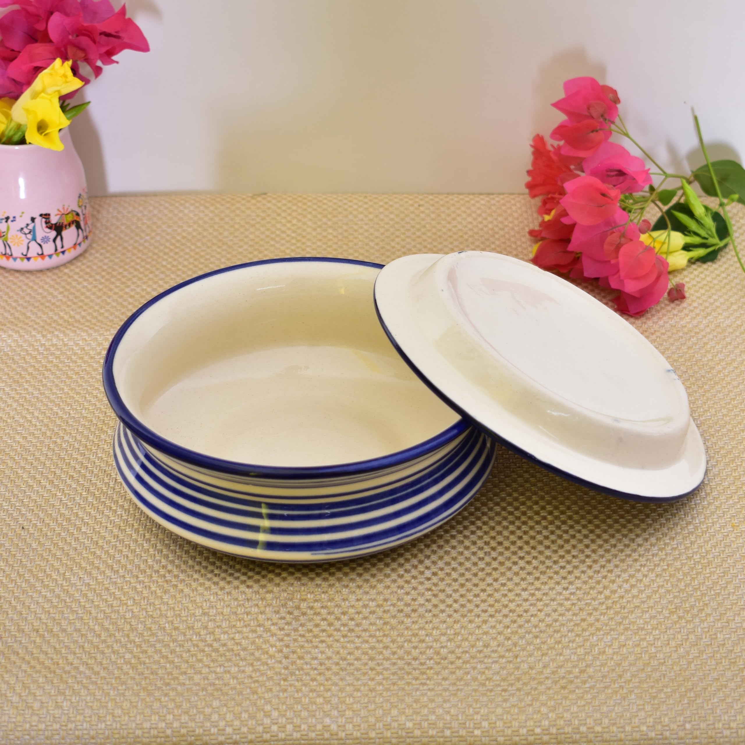 Kunhar Ceramic Donga with Lid, Ceramic Serving Casserole, 1100 Ml, 1 Piece, Blue Ring Line (Size 1 Number) - Image 3