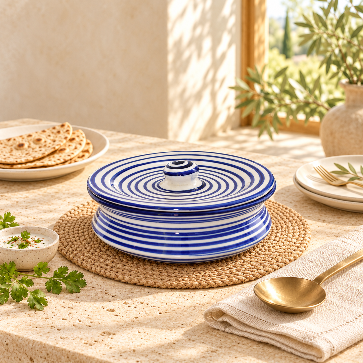 Kunhar Ceramic Donga with Lid, Ceramic Serving Casserole, 1100 Ml, 1 Piece, Blue Ring Line (Size 1 Number)