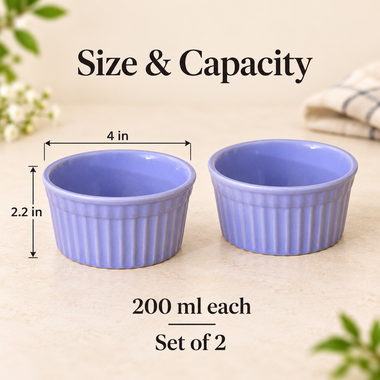 KunhaR Ceramic Ramekin Bowls - 200 ML, 2 Pieces, Lavender Blue