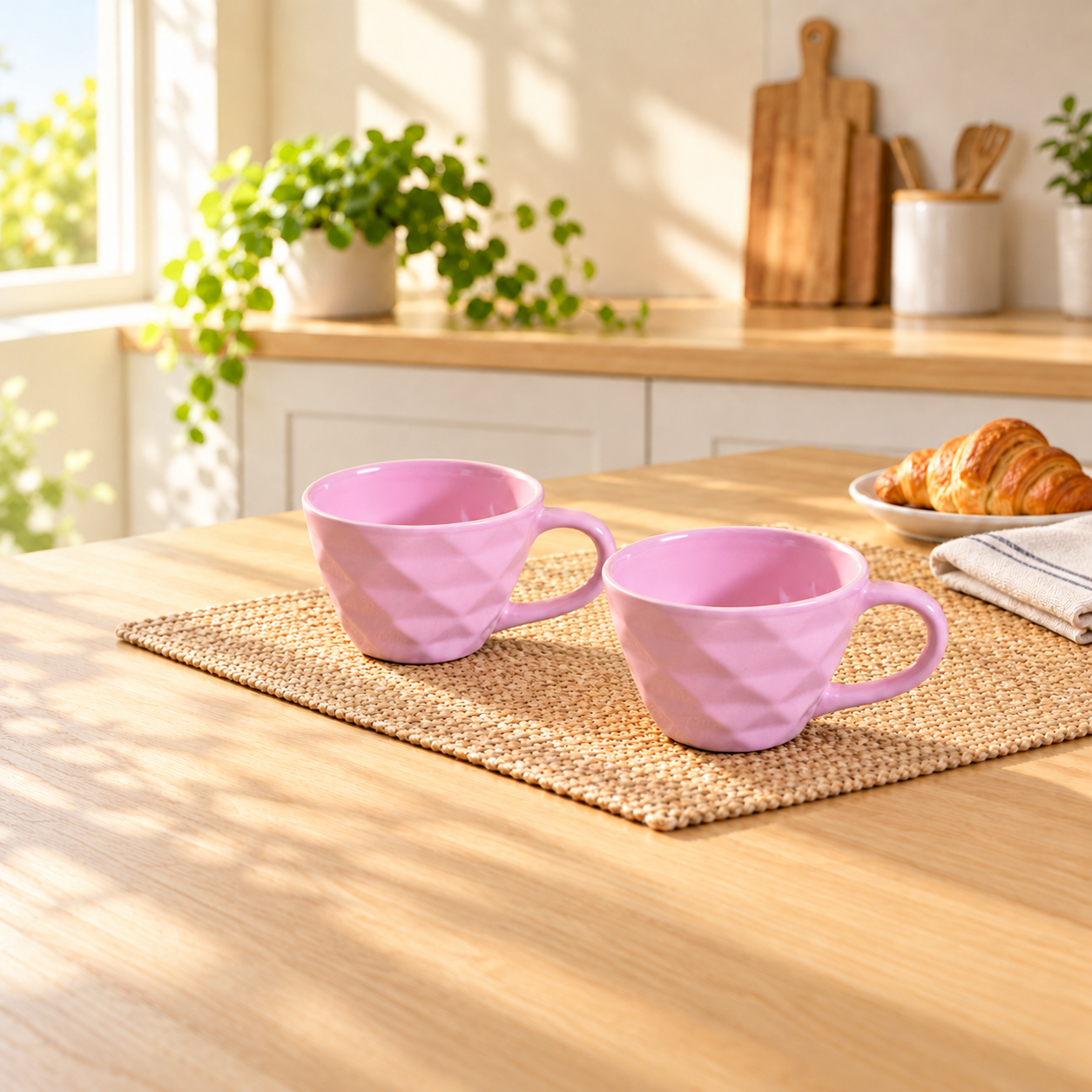 Kunhar Ceramic Diamond Shape Milk Mug, Coffee Mug, Soup Mug - 2 Pieces, Light Pink, 250ml