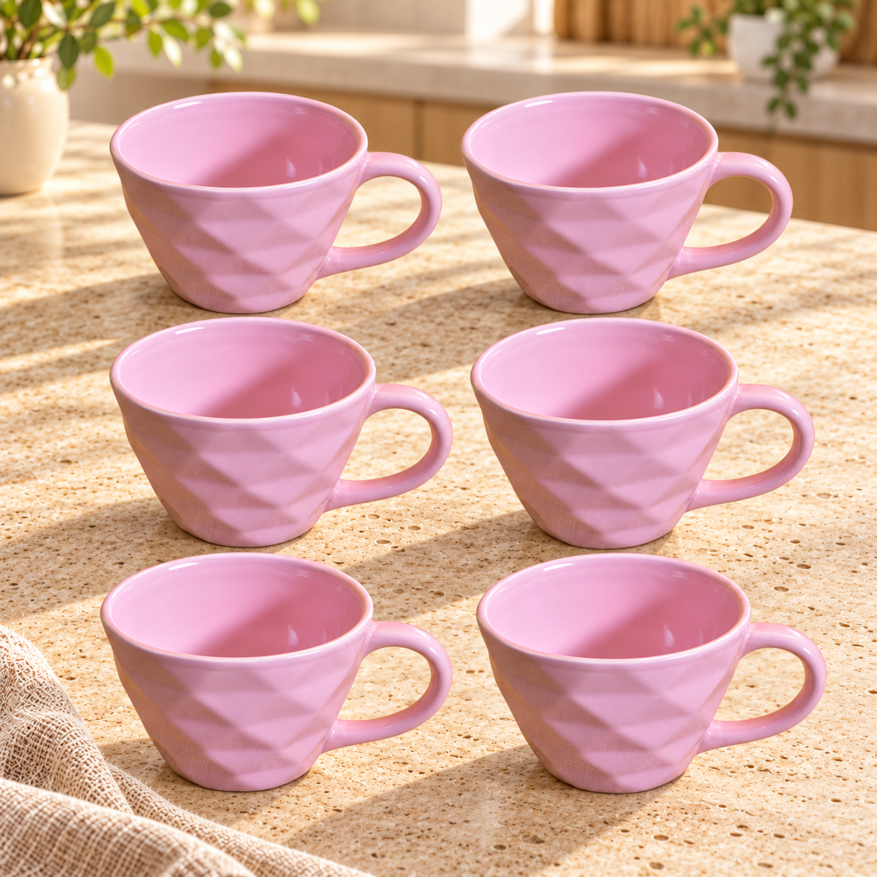 KunhaR Ceramic Diamond Shape Milk Mug, Coffee Mug, Soup Mug - 6 Pieces, Light Pink, 250ml