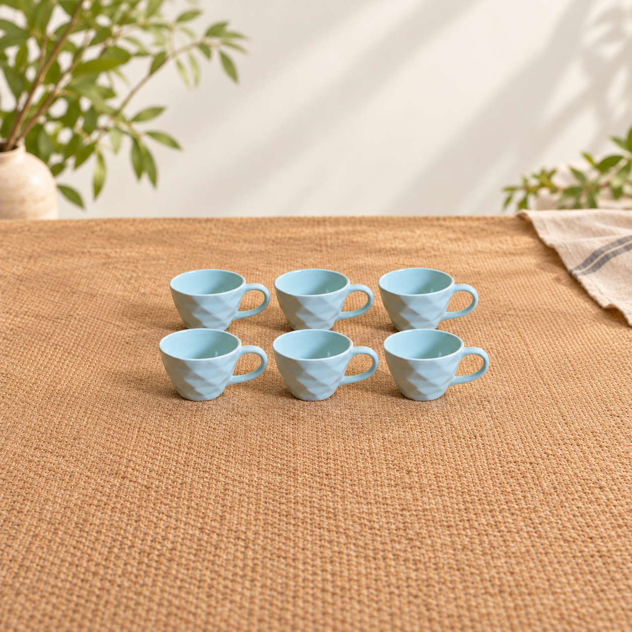 Kunhar Ceramic Diamond Shape Milk Mug, Coffee Mug, Soup Mug - 6 Pieces, Cloudy Blue, 250ml