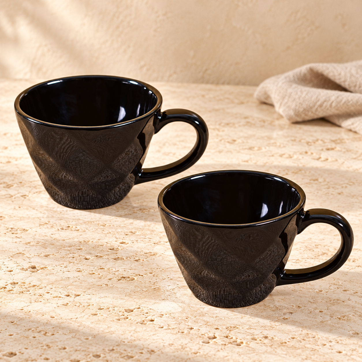 Kunhar Ceramic Diamond Shape Milk Mug, Coffee Mug, Soup Mug - 2 Pieces, Black, 250ml