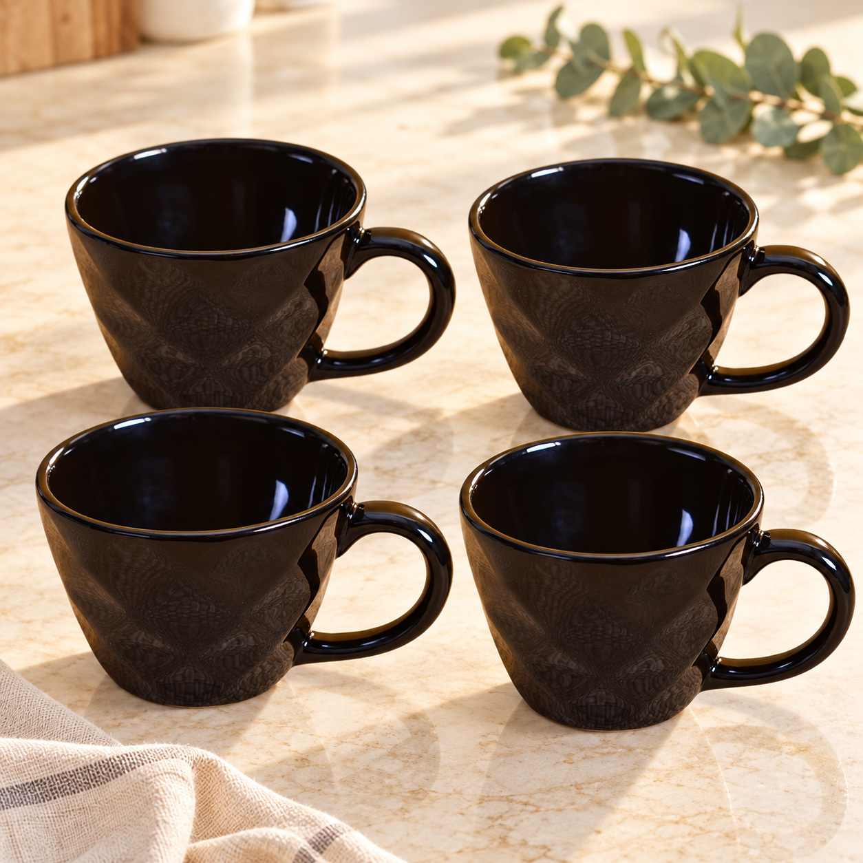 Kunhar Ceramic Diamond Shape Milk Mug, Coffee Mug, Soup Mug - 4 Pieces, Black, 250ml
