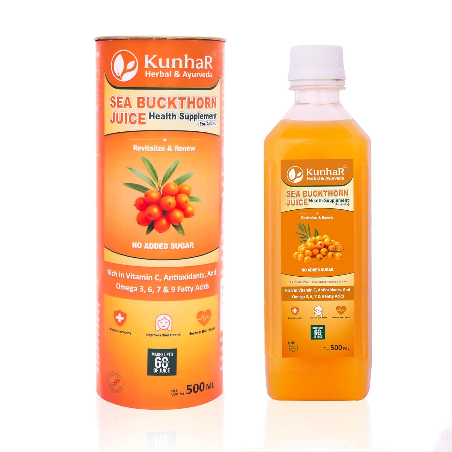 KunhaR Sea Buckthorn Juice | Health Supplement for Adults | No Added Sugar | Rich in Vitamin C, Omega 3, 6, 7 & 9 | Improves Skin & Immunity | 500ml (Pack of 1)