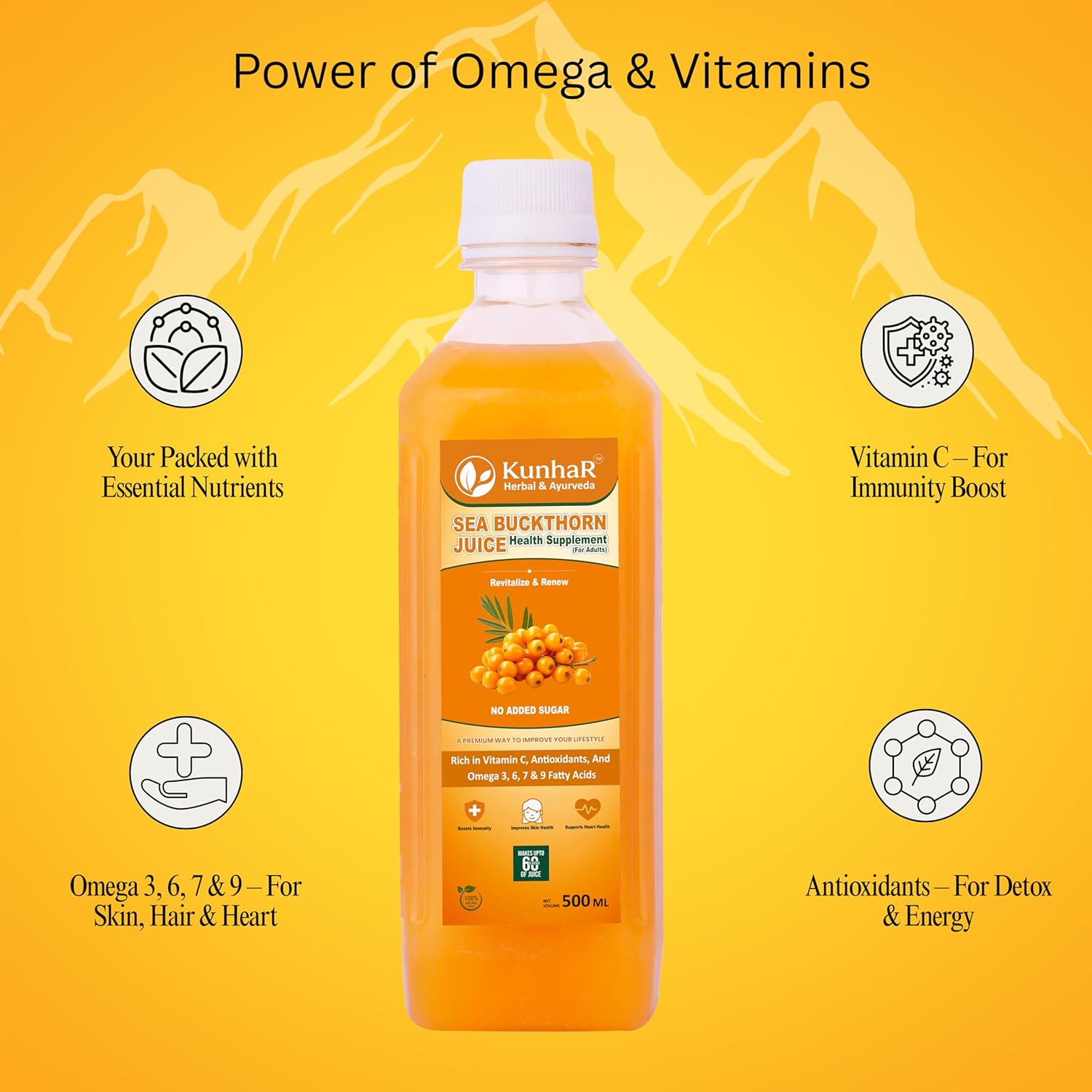 KunhaR Sea Buckthorn Juice | Health Supplement for Adults | No Added Sugar | Rich in Vitamin C, Omega 3, 6, 7 & 9 | Improves Skin & Immunity | 500ml (Pack of 1) - Image 3
