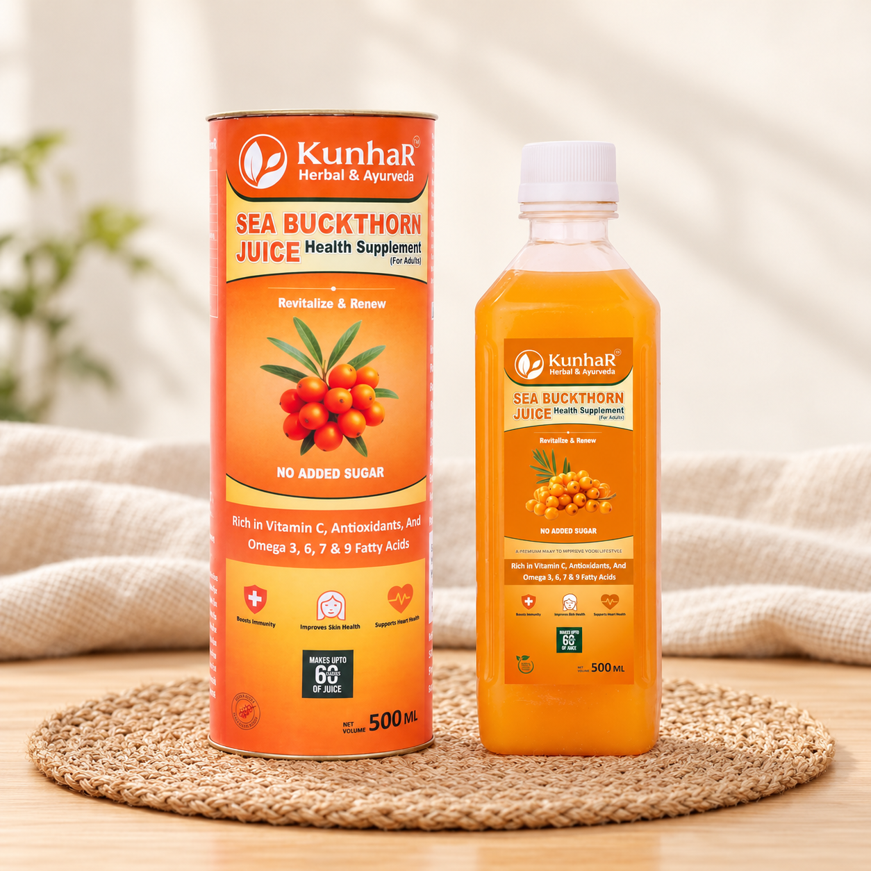 KunhaR Sea Buckthorn Juice | Health Supplement for Adults | No Added Sugar | Rich in Vitamin C, Omega 3, 6, 7 & 9 | Improves Skin & Immunity | 500ml (Pack of 1)