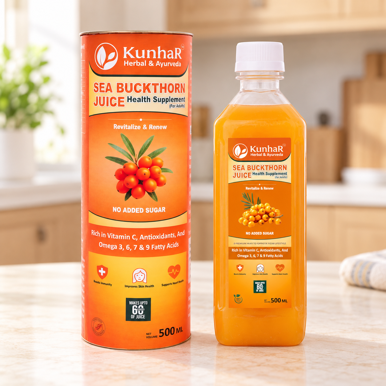 KunhaR Sea Buckthorn Juice | Health Supplement for Adults | No Added Sugar | Rich in Vitamin C, Omega 3, 6, 7 & 9 | Improves Skin & Immunity | 500ml (Pack of 1) - Image 3