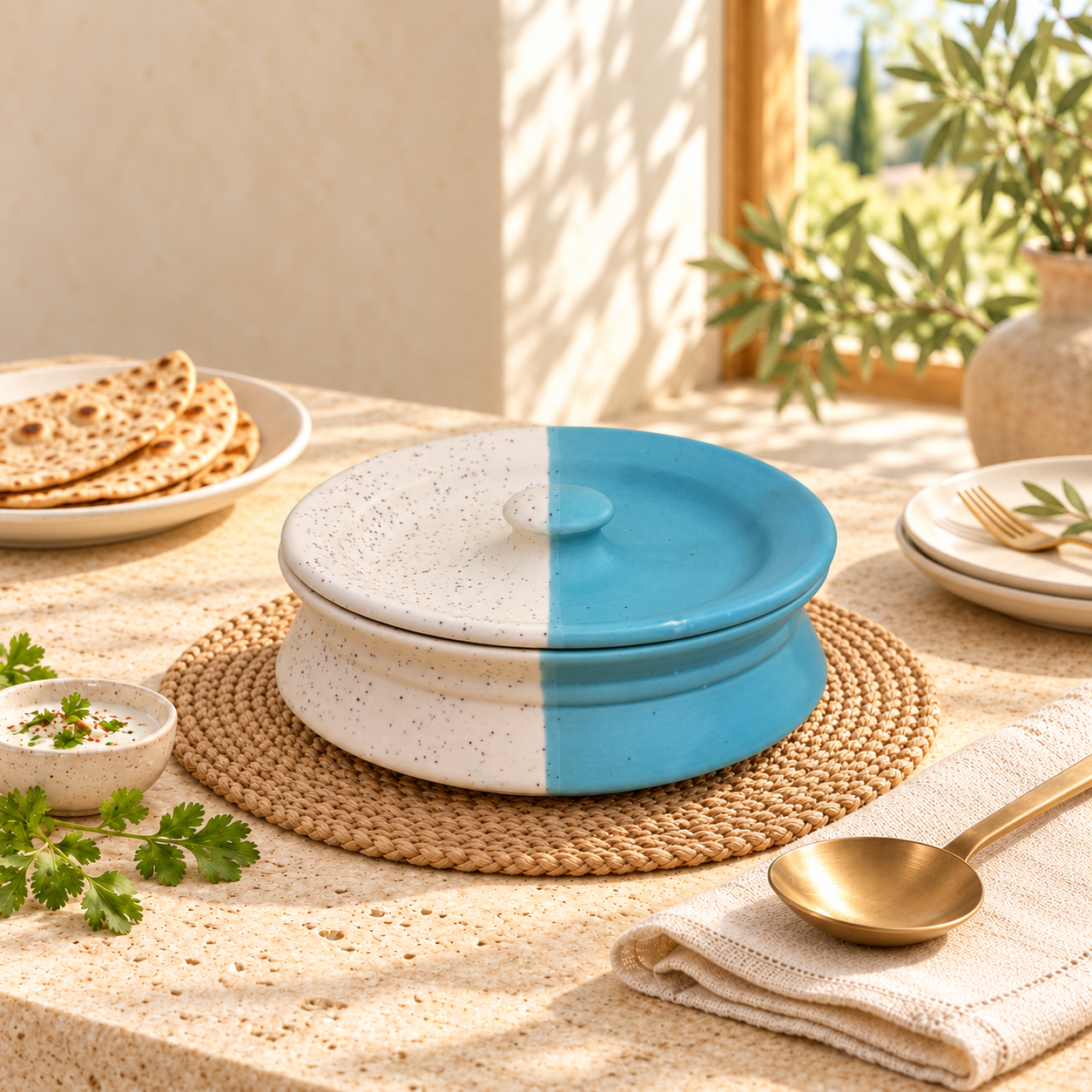 Kunhar Ceramic Donga With Lid, Ceramic Serving Donga, 500 Ml, 1 Piece, White Blue