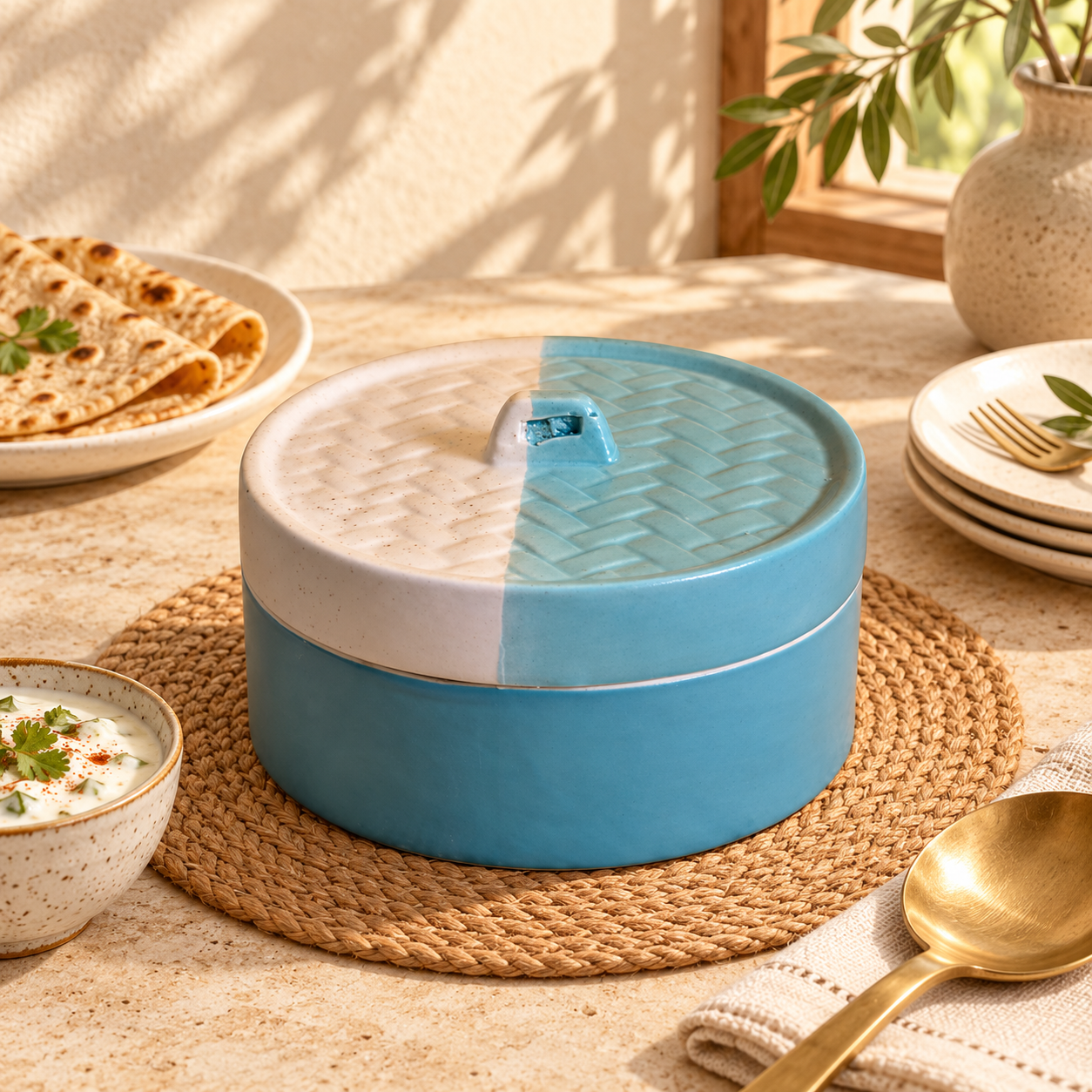 Kunhar Ceramic Donga with Lid, Ceramic Serving Donga, 700 Ml, 1 Piece, White Dusty Blue Matt Finish