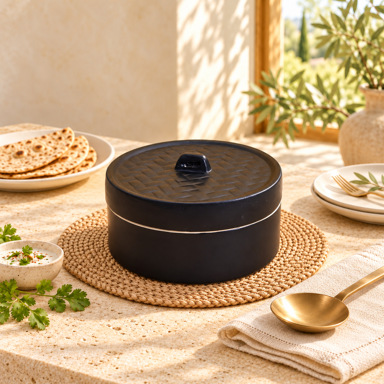Kunhar Ceramic Donga with Lid, Ceramic Serving Donga, 700 Ml, 1 Piece, Black Matt Finish